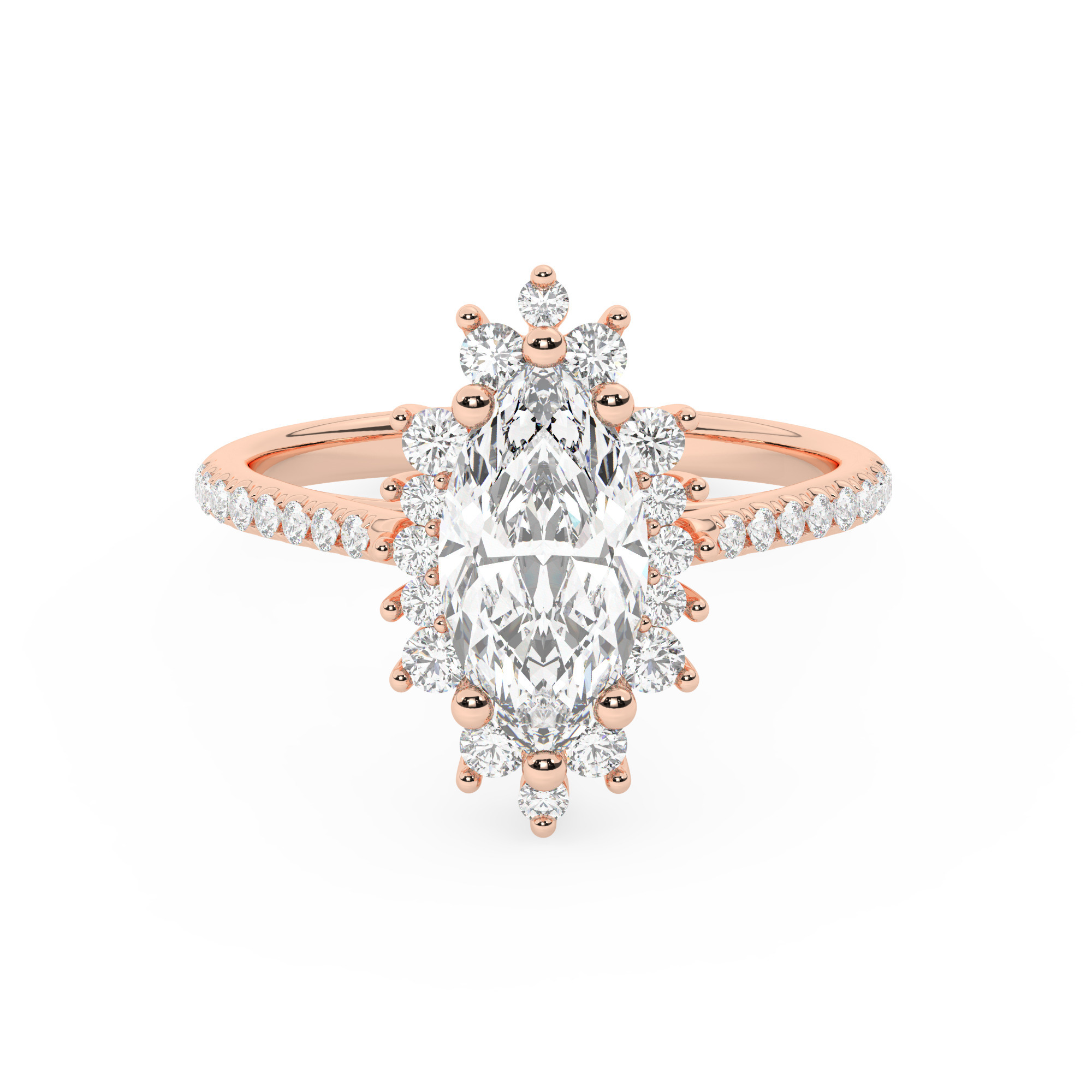 טבעת אירוסין היילו דגם 50024 זהב אדום רוזגולד 14 קראט במרכז זירקוניה 3 קראט בחיתוך מרקיזה מסביב ובצדדים זירקונים בחיתוך עגול – תמונה 2