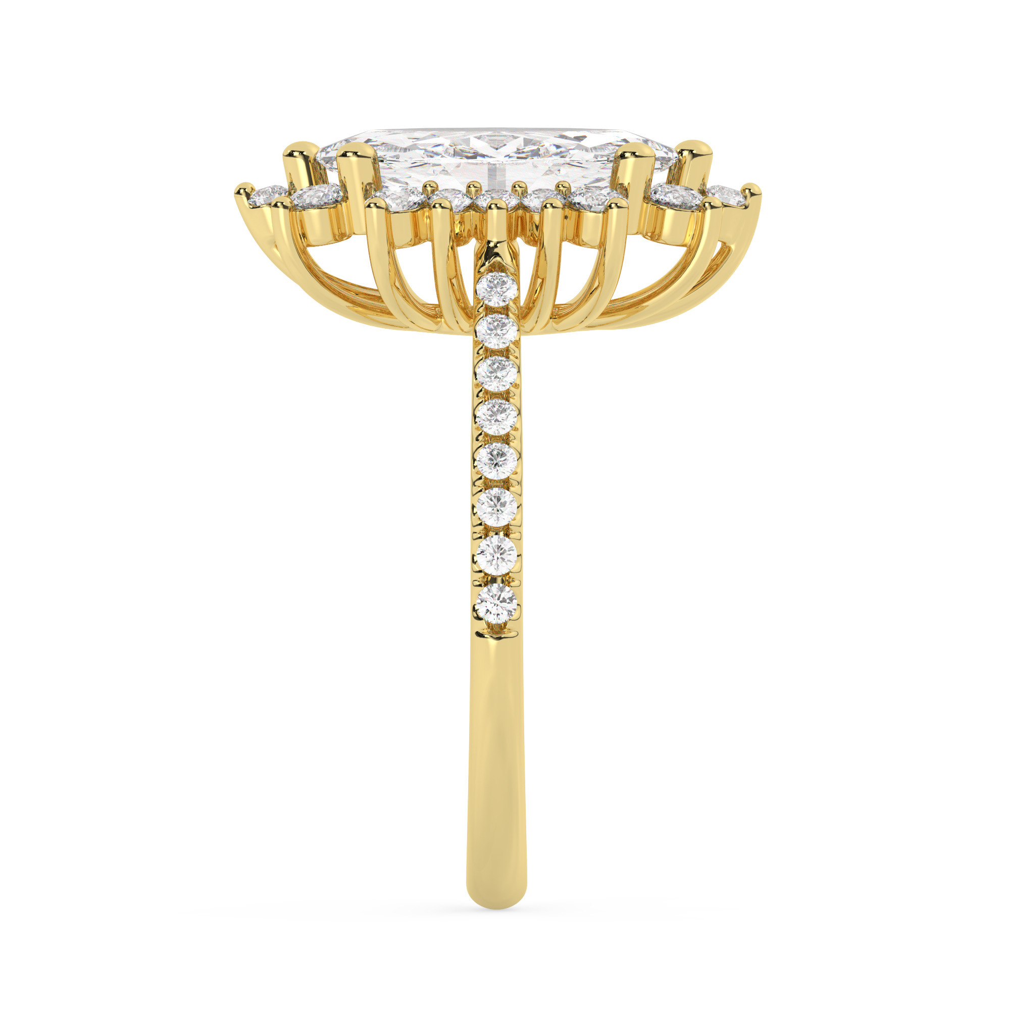 טבעת אירוסין היילו דגם 50024 זהב צהוב 14 קראט במרכז זירקוניה 3 קראט בחיתוך מרקיזה מסביב ובצדדים זירקונים בחיתוך עגול – תמונה 4