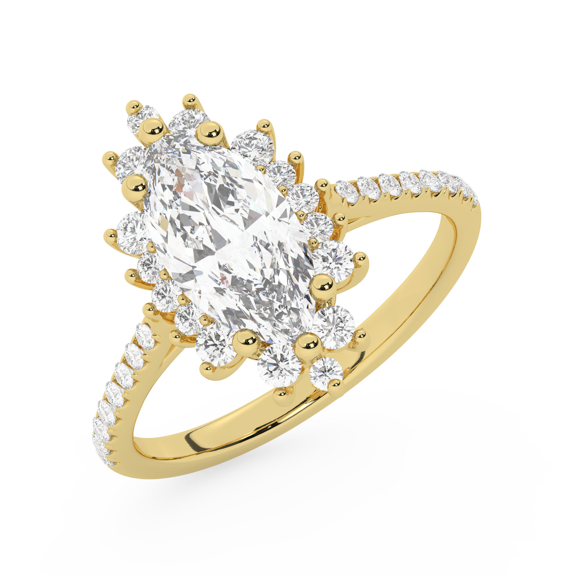 טבעת אירוסין היילו דגם 50024 זהב צהוב 14 קראט במרכז זירקוניה 4 קראט בחיתוך מרקיזה מסביב ובצדדים זירקונים בחיתוך עגול