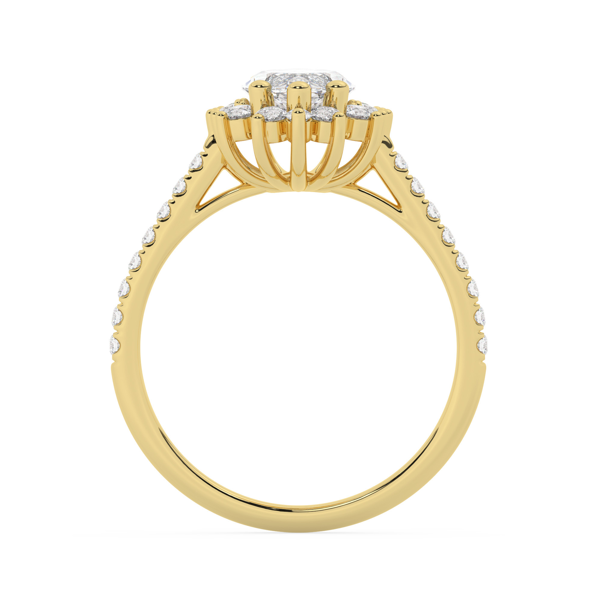 טבעת אירוסין היילו דגם 50024 זהב צהוב 14 קראט במרכז זירקוניה 4 קראט בחיתוך מרקיזה מסביב ובצדדים זירקונים בחיתוך עגול – תמונה 3