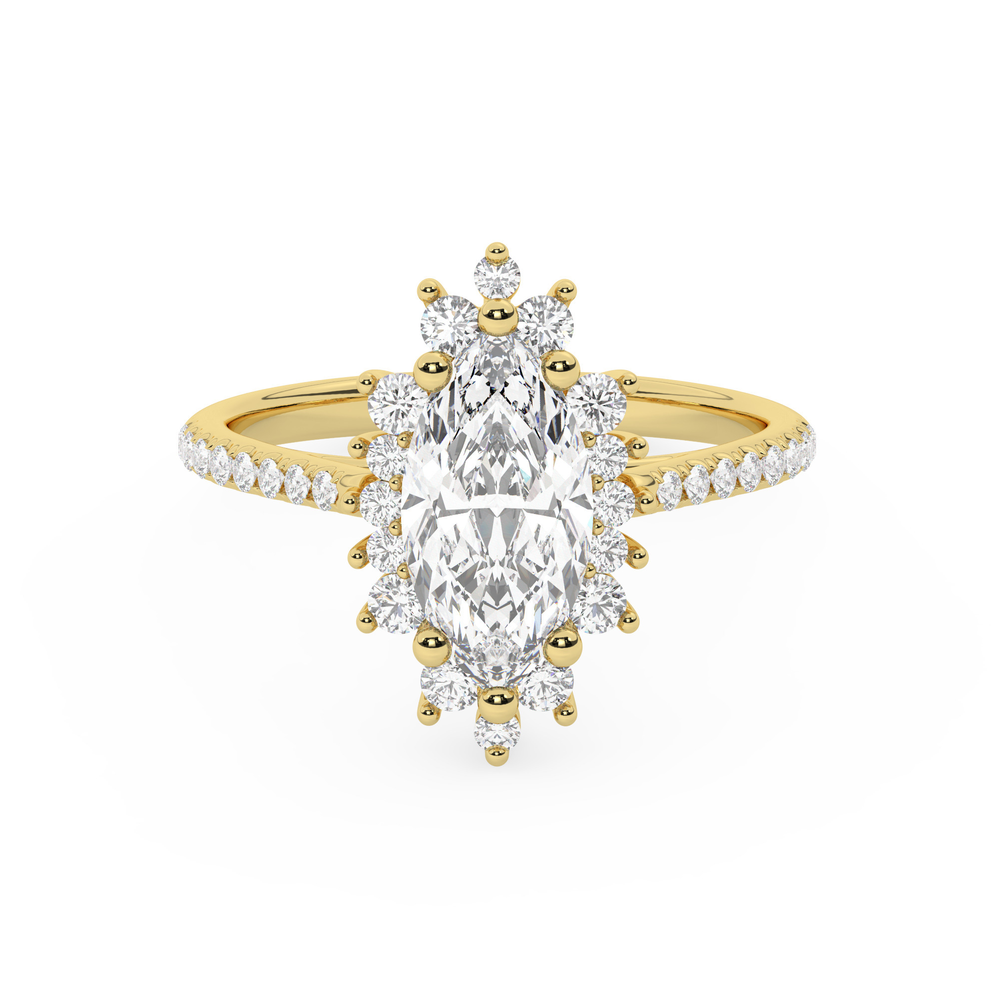 טבעת אירוסין היילו דגם 50024 זהב צהוב 14 קראט במרכז זירקוניה 4 קראט בחיתוך מרקיזה מסביב ובצדדים זירקונים בחיתוך עגול – תמונה 2