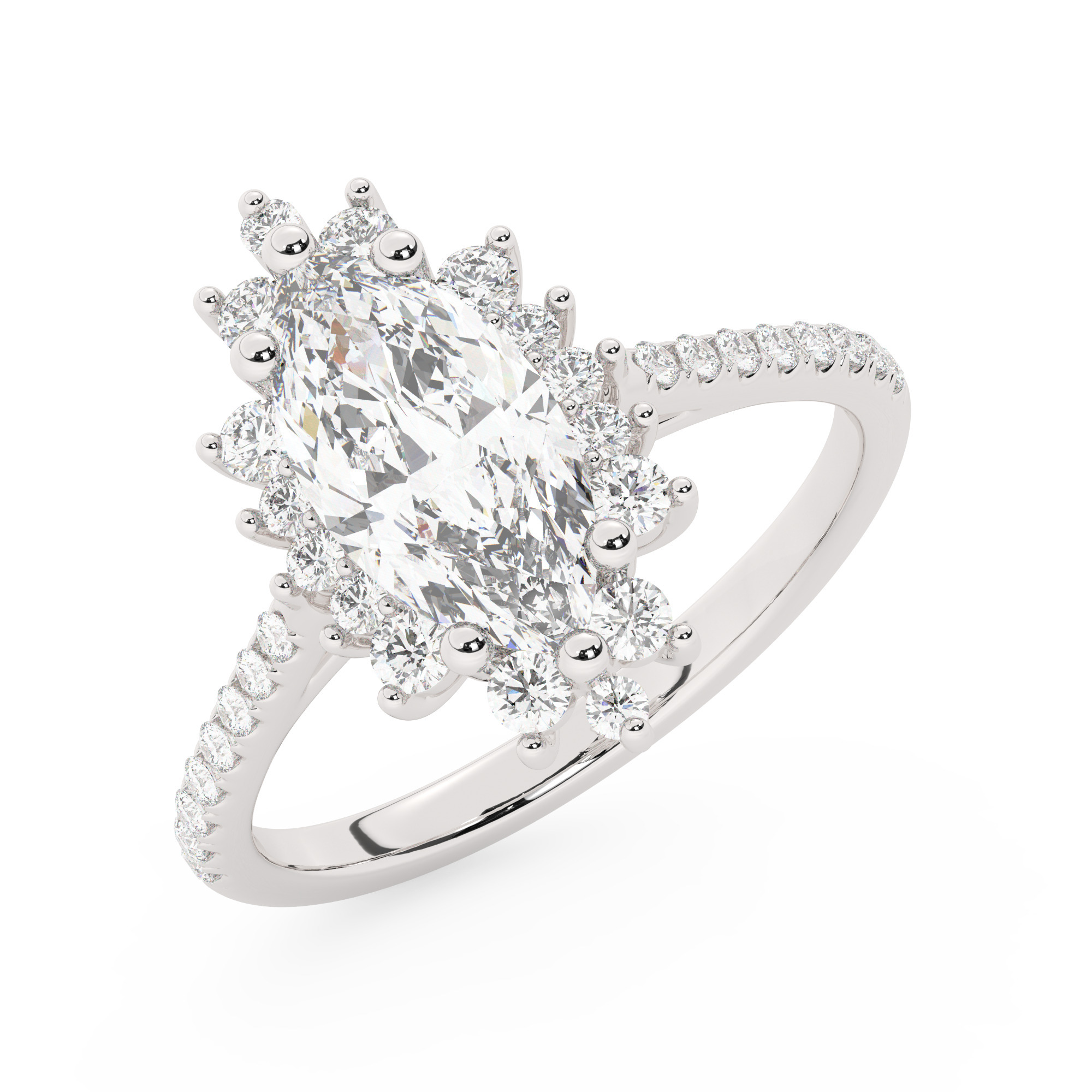 טבעת אירוסין היילו דגם 50024 זהב לבן 14 קראט במרכז זירקוניה 0.50 קראט בחיתוך מרקיזה מסביב ובצדדים זירקונים בחיתוך עגול