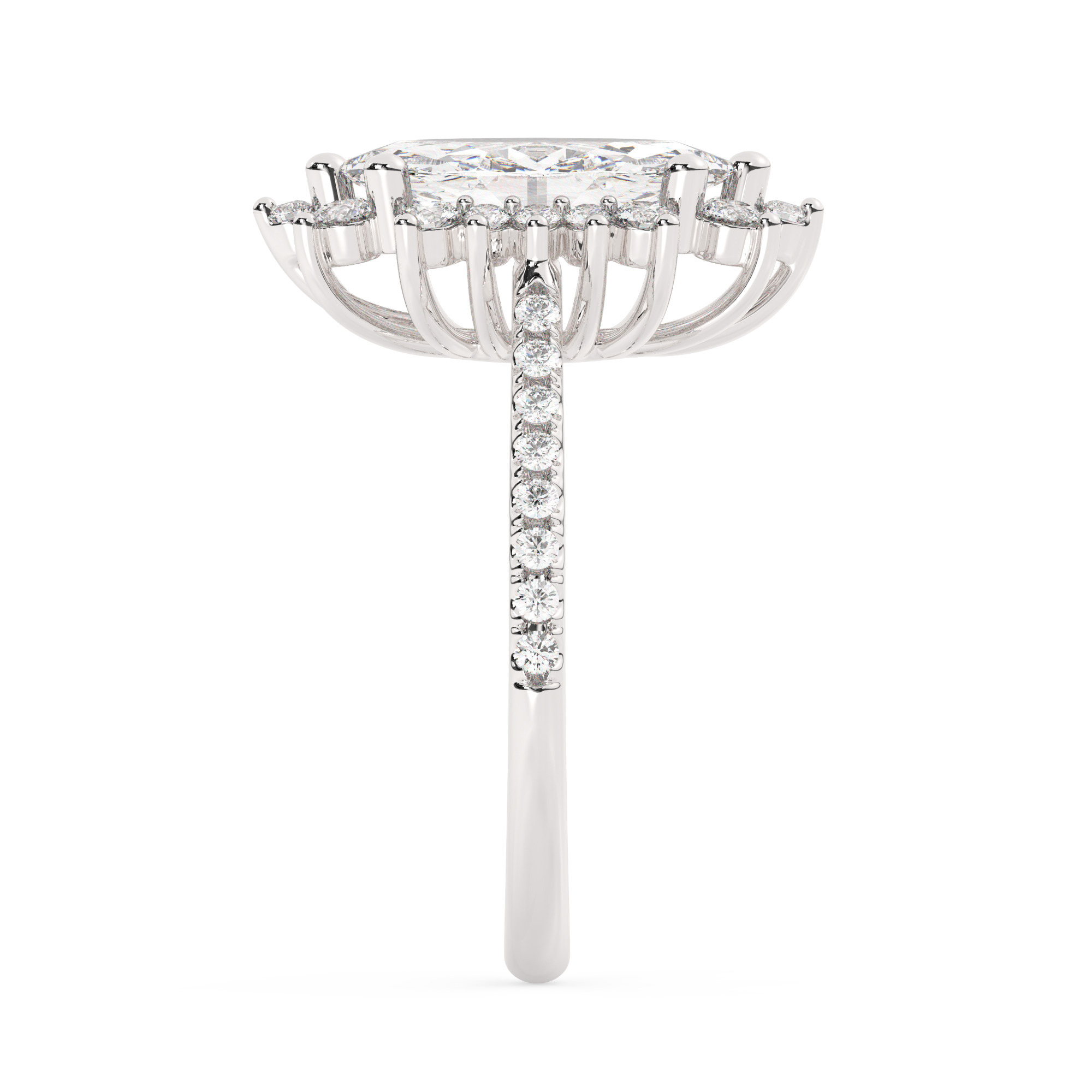 טבעת אירוסין היילו דגם 50024 זהב לבן 14 קראט במרכז זירקוניה 0.50 קראט בחיתוך מרקיזה מסביב ובצדדים זירקונים בחיתוך עגול – תמונה 4