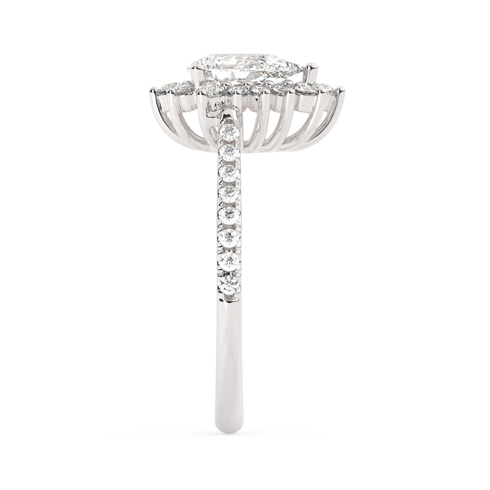 טבעת אירוסין היילו דגם 50024 זהב לבן 14 קראט במרכז זירקוניה 3 קראט בחיתוך טיפה מסביב ובצדדים זירקונים בחיתוך עגול – תמונה 4