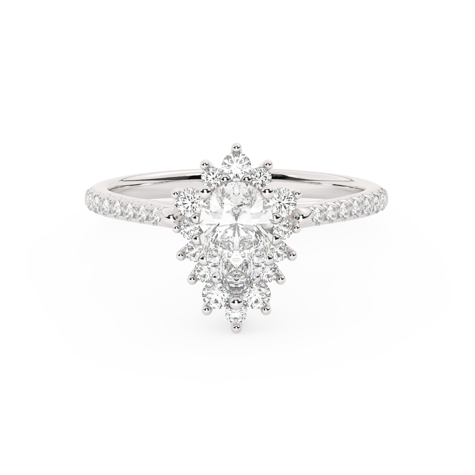 טבעת אירוסין היילו דגם 50024 זהב לבן 14 קראט במרכז זירקוניה 3 קראט בחיתוך טיפה מסביב ובצדדים זירקונים בחיתוך עגול – תמונה 2