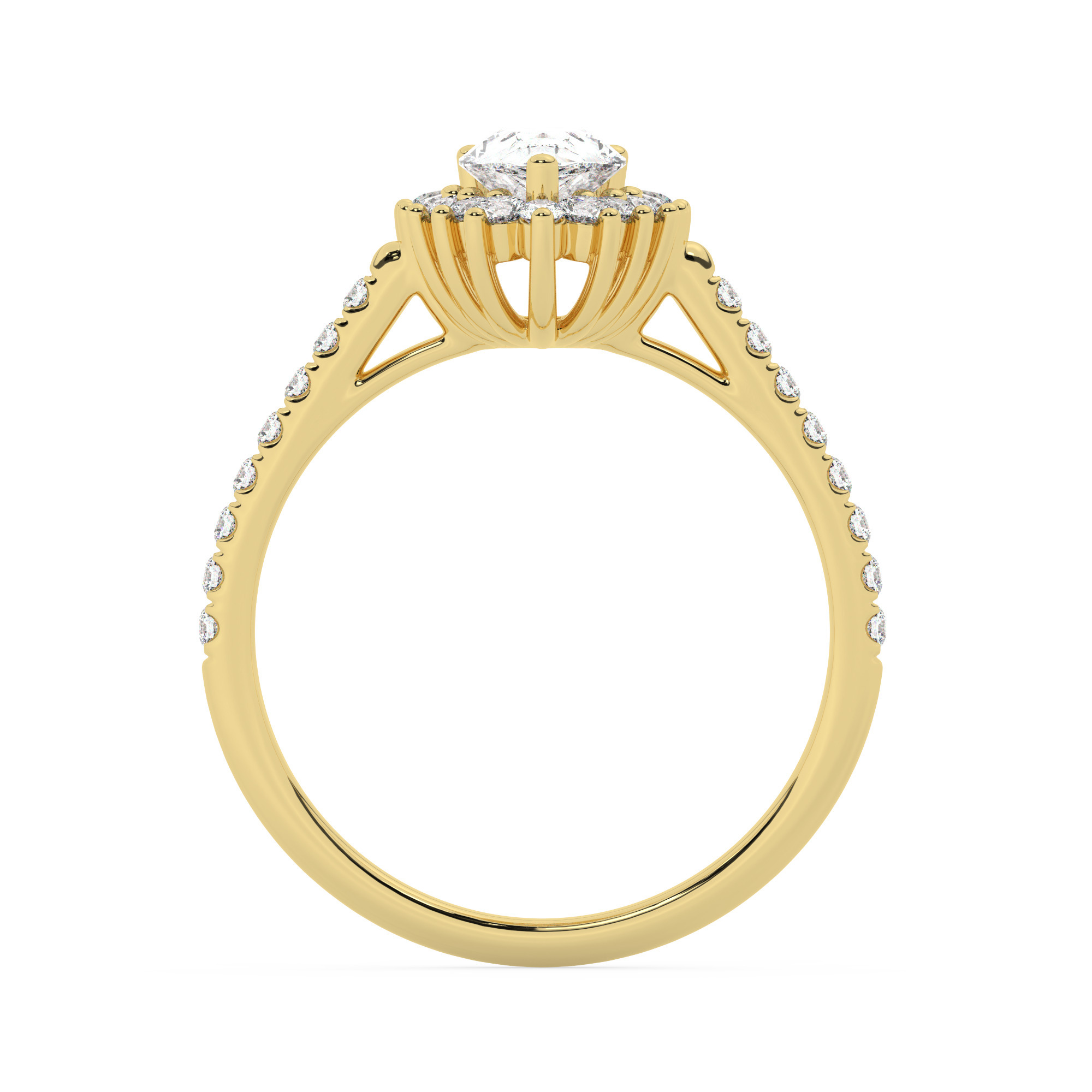 טבעת אירוסין היילו דגם 50024 זהב צהוב 14 קראט במרכז זירקוניה 5 קראט בחיתוך טיפה מסביב ובצדדים זירקונים בחיתוך עגול – תמונה 3