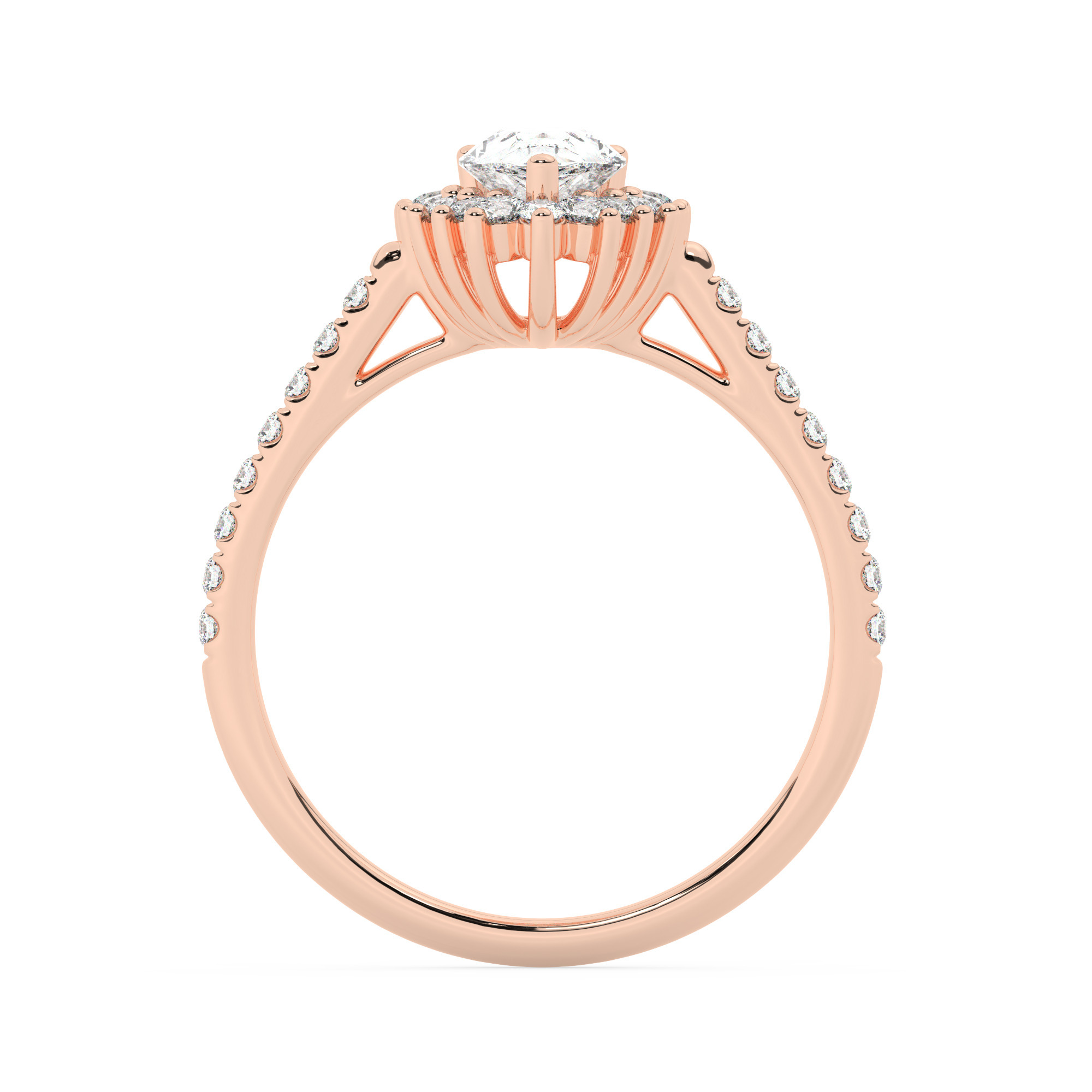 טבעת אירוסין היילו דגם 50024 זהב אדום רוזגולד 14 קראט במרכז זירקוניה 0.50 קראט בחיתוך טיפה מסביב ובצדדים זירקונים בחיתוך עגול – תמונה 3