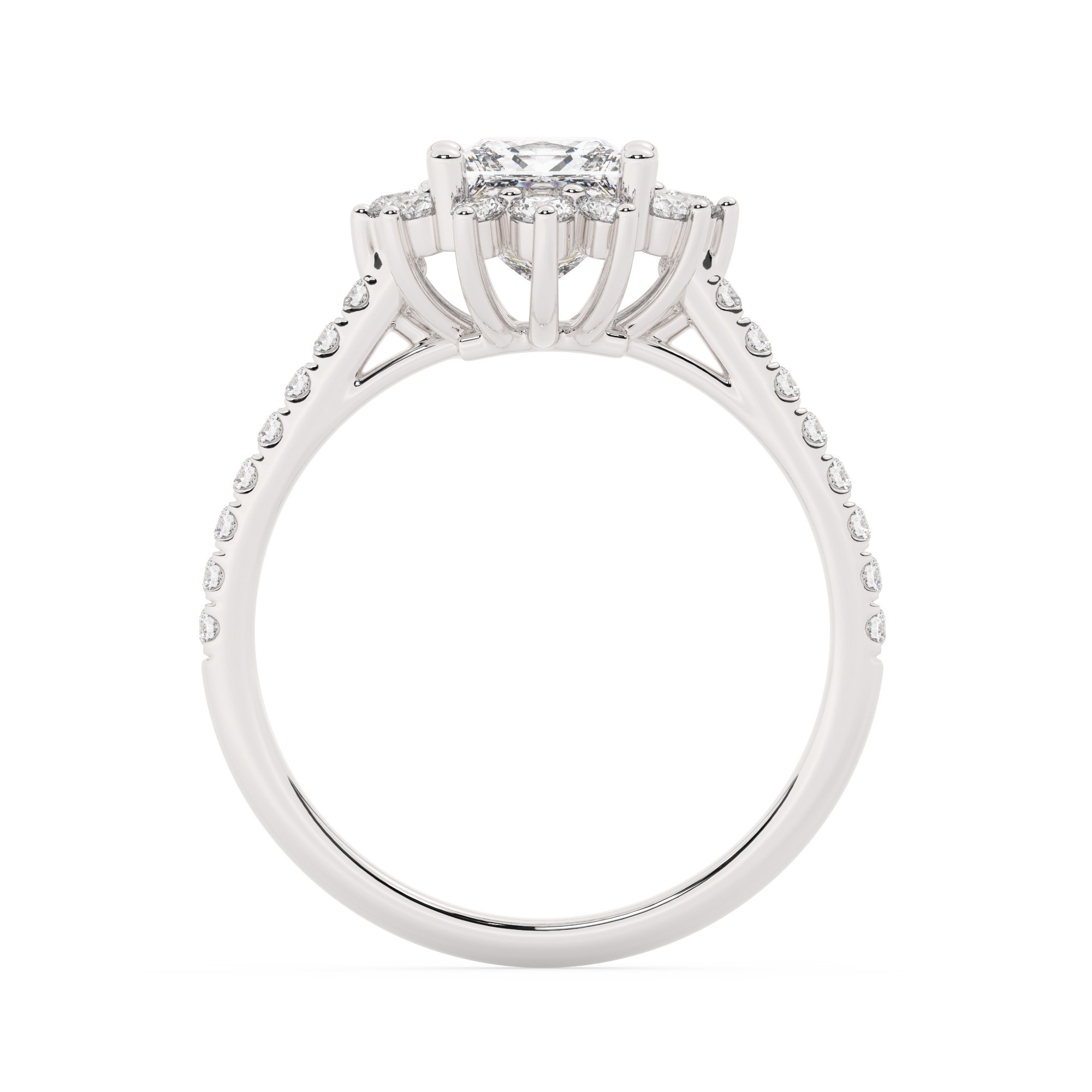 טבעת אירוסין היילו דגם 50024 זהב לבן 14 קראט במרכז זירקוניה 1 קראט בחיתוך פרינסס מסביב ובצדדים זירקונים בחיתוך עגול – תמונה 3