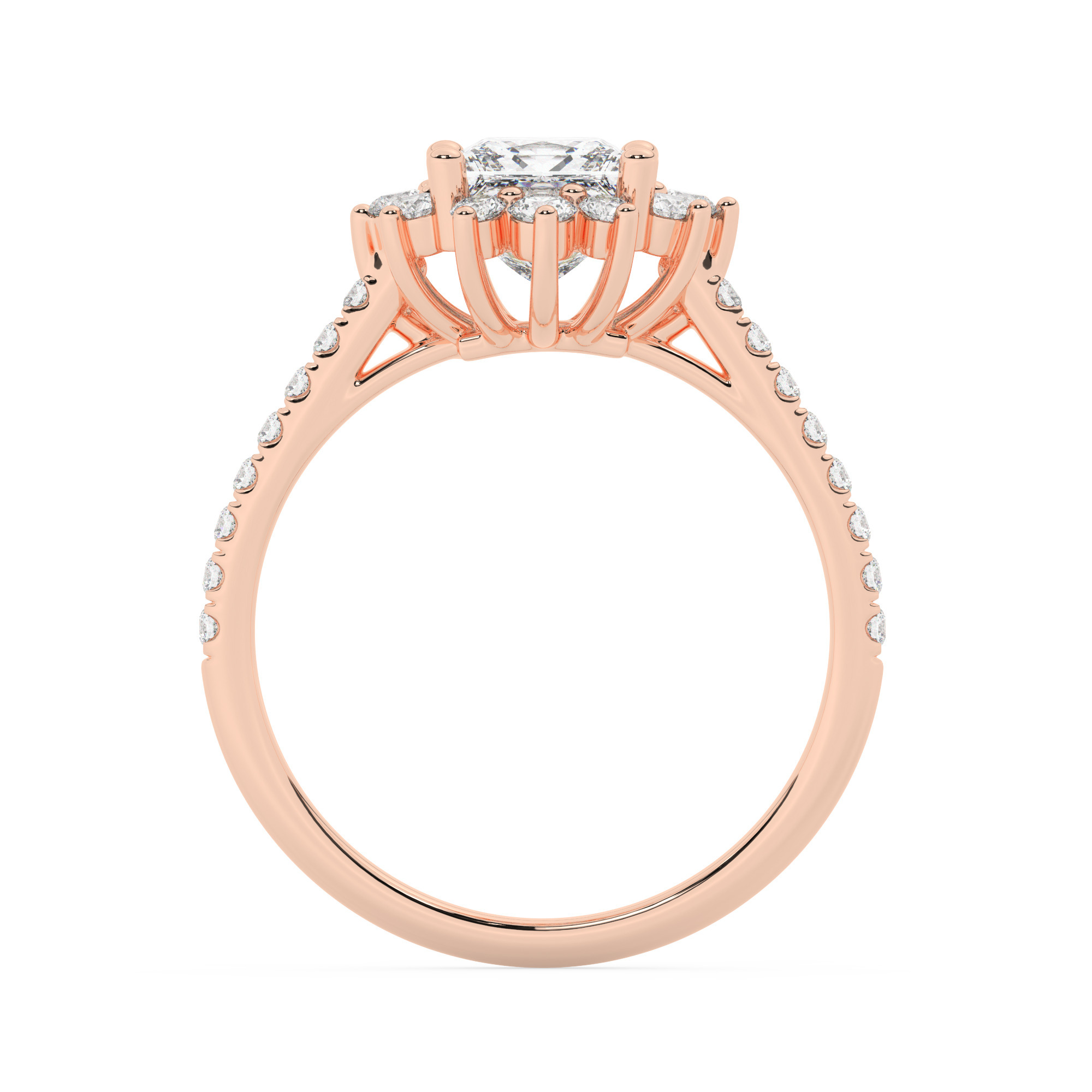 טבעת אירוסין היילו דגם 50024 זהב אדום רוזגולד 14 קראט במרכז זירקוניה 2 קראט בחיתוך פרינסס מסביב ובצדדים זירקונים בחיתוך עגול – תמונה 3