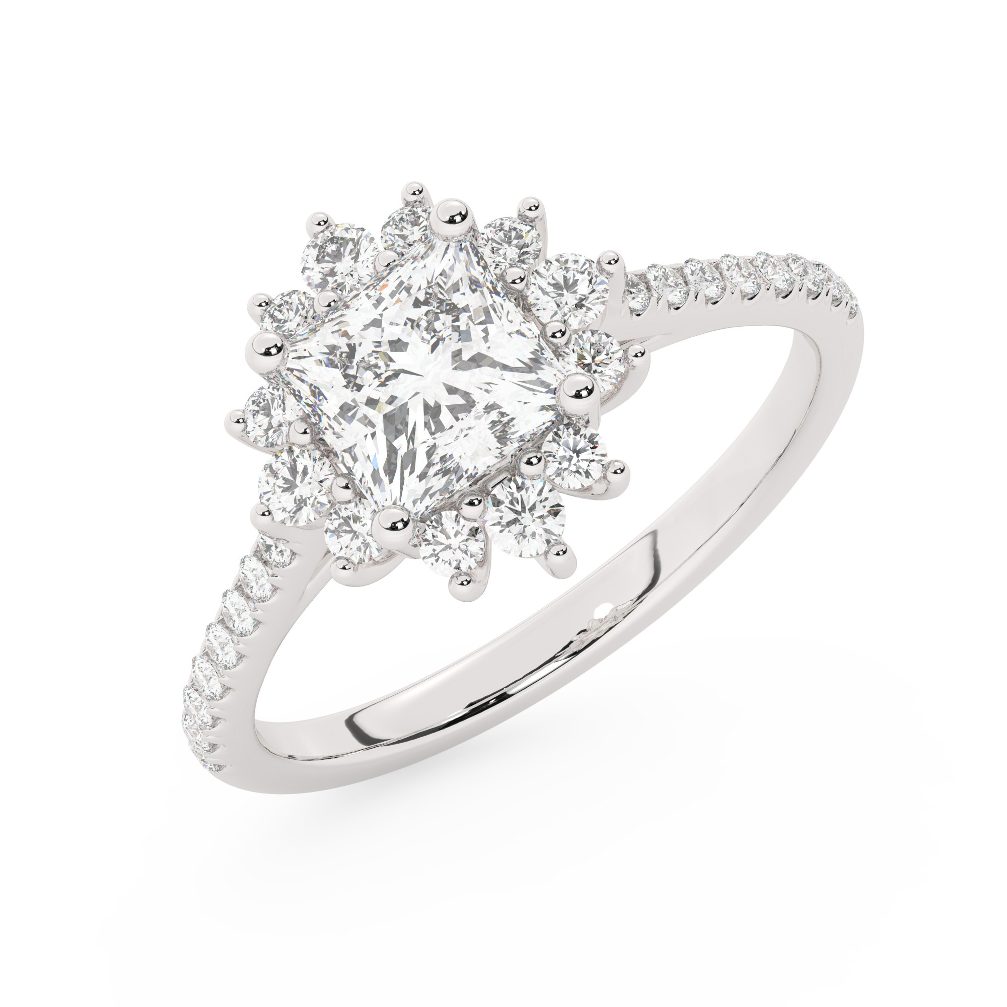 טבעת אירוסין היילו דגם 50024 זהב לבן 14 קראט במרכז זירקוניה 4 קראט בחיתוך פרינסס מסביב ובצדדים זירקונים בחיתוך עגול