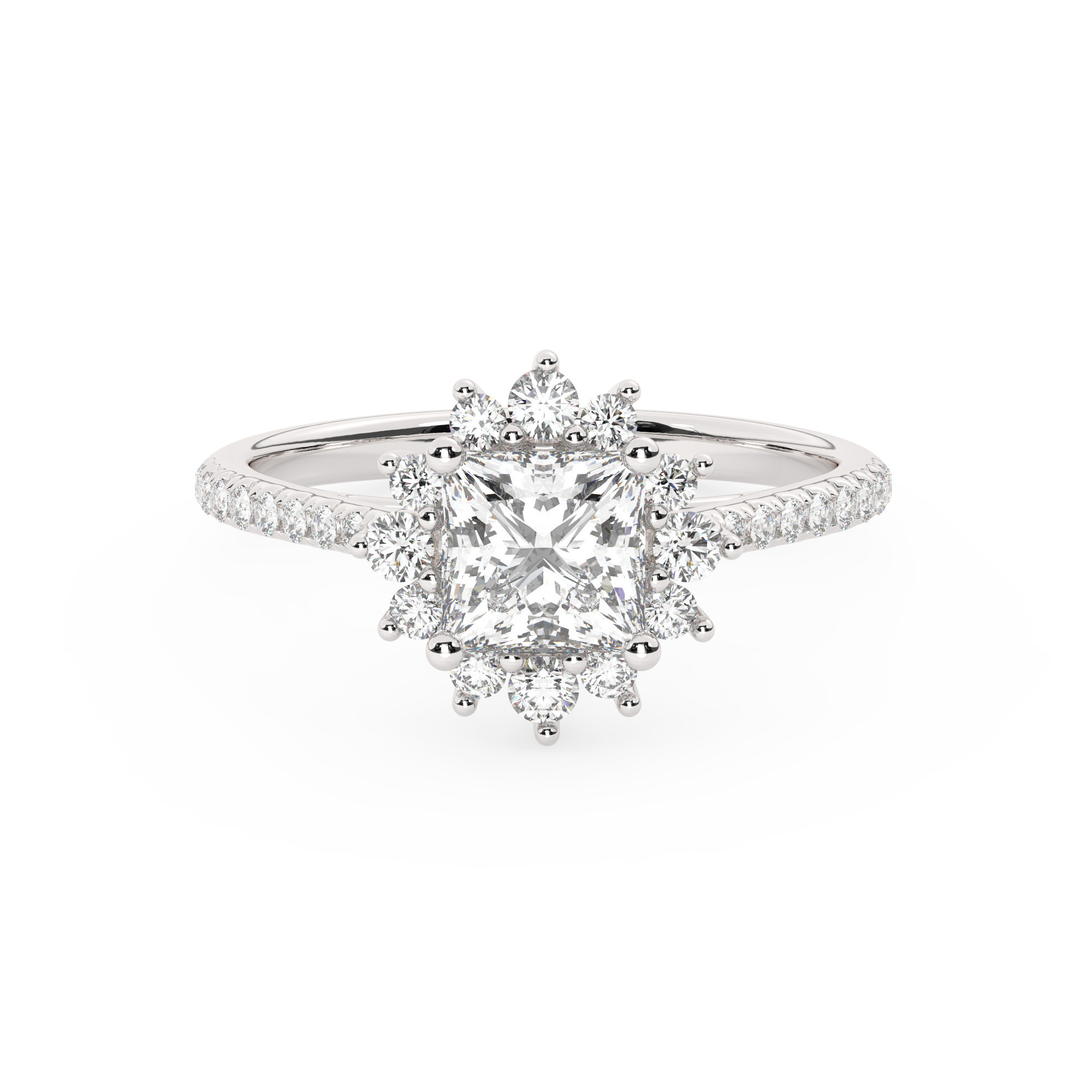 טבעת אירוסין היילו דגם 50024 זהב לבן 14 קראט במרכז זירקוניה 0.50 קראט בחיתוך פרינסס מסביב ובצדדים זירקונים בחיתוך עגול – תמונה 2