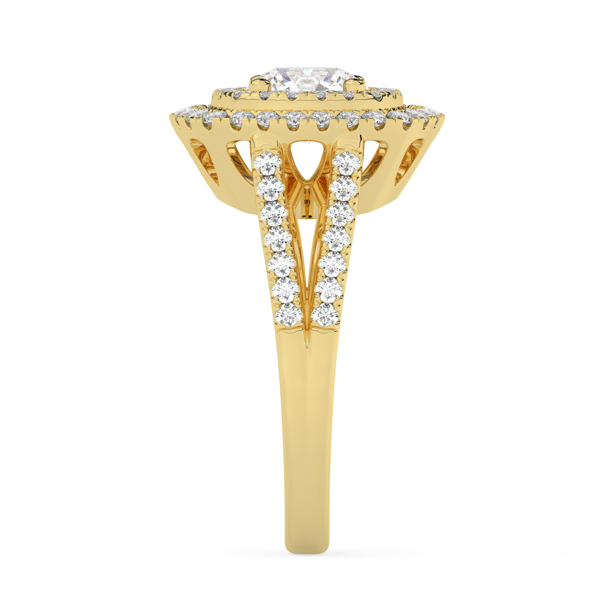 טבעת אירוסין היילו דגם 50025 זהב צהוב 14 קראט במרכז אבן מעבדה מוסונייט 1 קראט בחיתוך עגול עם תעודה גמולוגית בינלאומית GRA מסביב ובצדדים אבני מעבדה מוסונייט במשקל כולל של 0.62 קראט בחיתוך עגול – תמונה 4