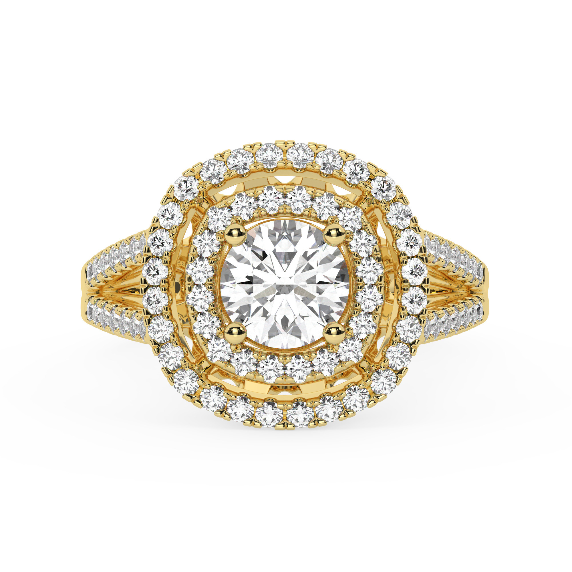 טבעת אירוסין היילו דגם 50025 זהב צהוב 14 קראט במרכז אבן מעבדה מוסונייט 1 קראט בחיתוך עגול עם תעודה גמולוגית בינלאומית GRA מסביב ובצדדים אבני מעבדה מוסונייט במשקל כולל של 0.62 קראט בחיתוך עגול – תמונה 2