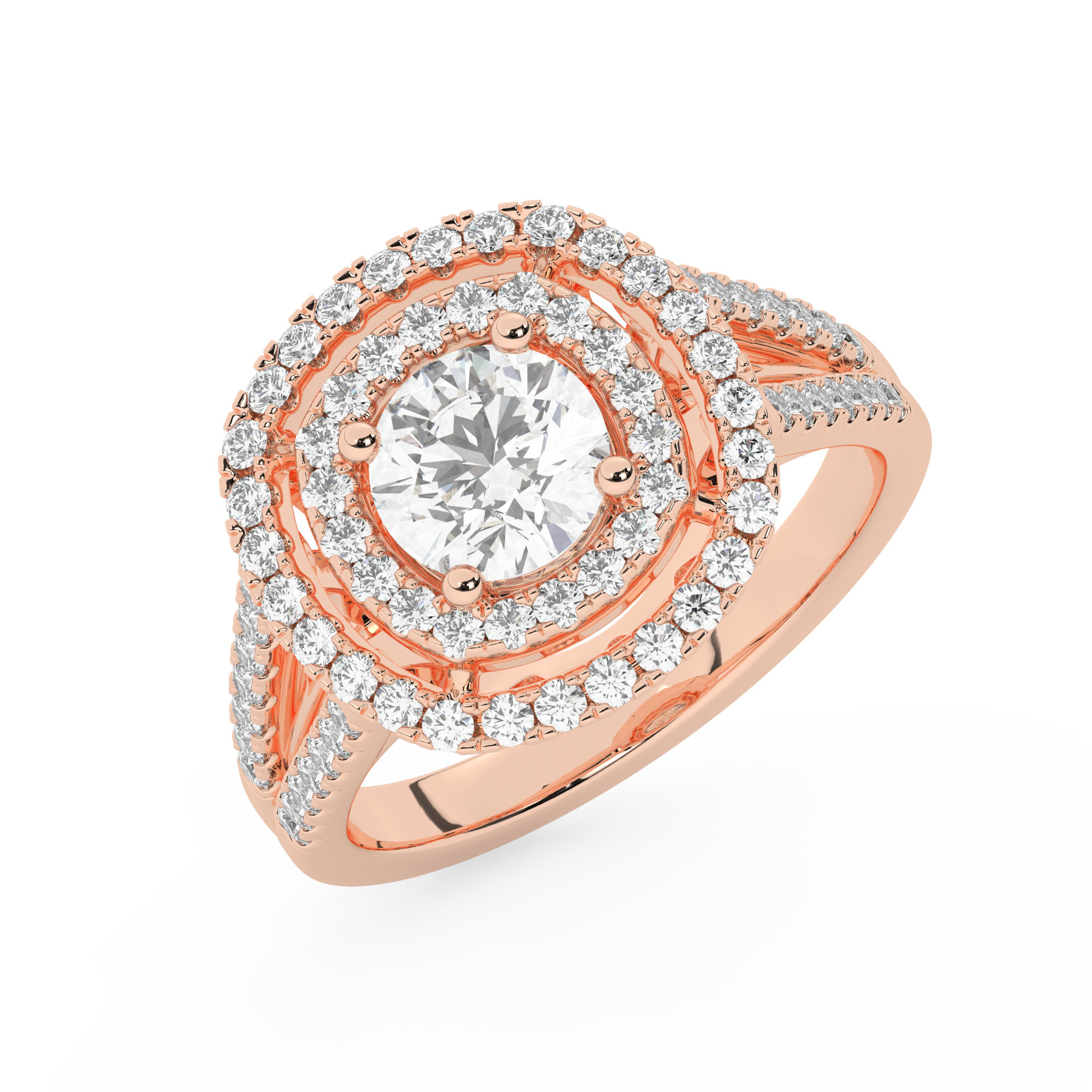 טבעת אירוסין היילו דגם 50025 כסף מצופה זהב אדום רוזגולד במרכז זירקוניה 1.50 קראט בחיתוך עגול מסביב ובצדדים זירקונים בחיתוך עגול