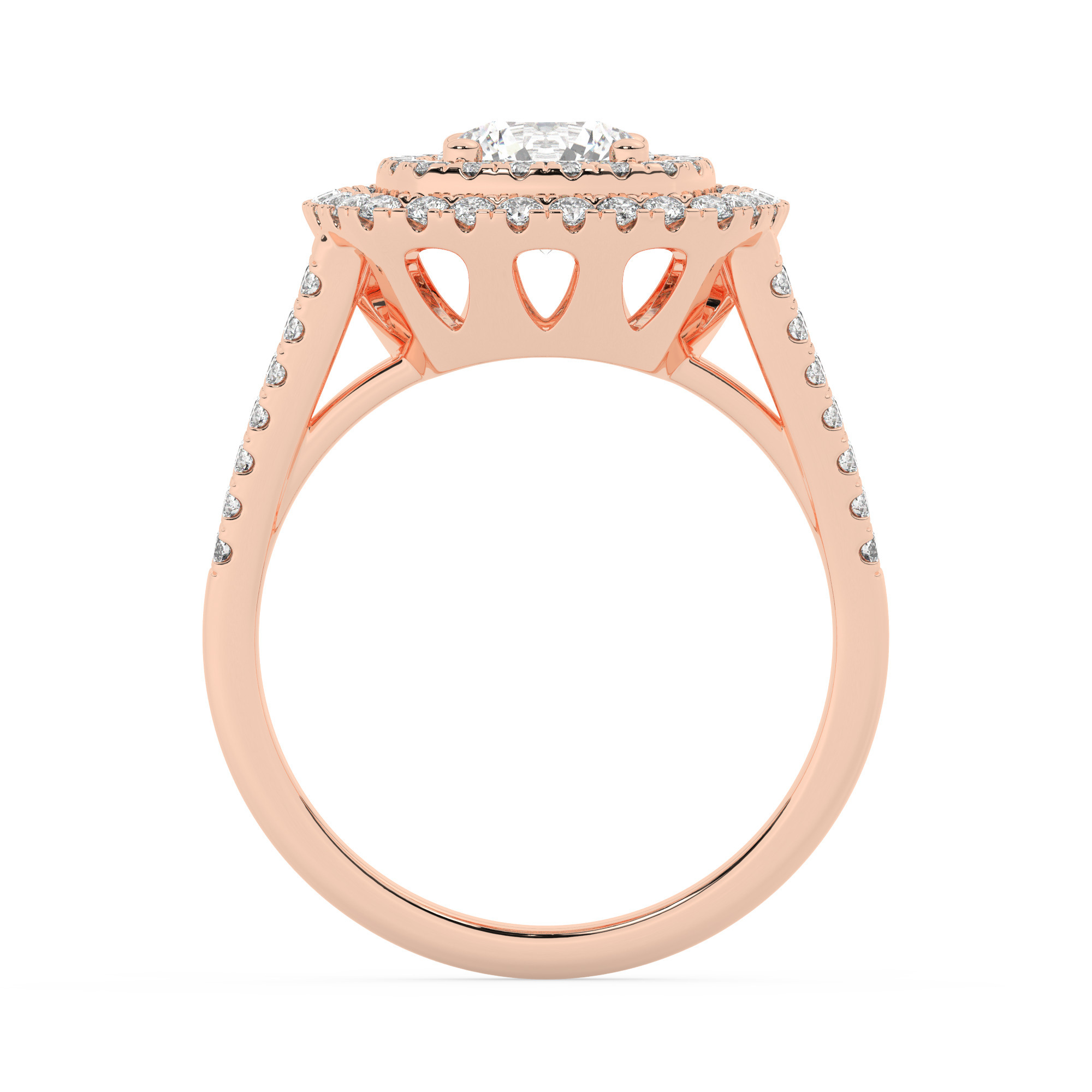 טבעת אירוסין היילו דגם 50025 כסף מצופה זהב אדום רוזגולד במרכז זירקוניה 1.50 קראט בחיתוך עגול מסביב ובצדדים זירקונים בחיתוך עגול – תמונה 3