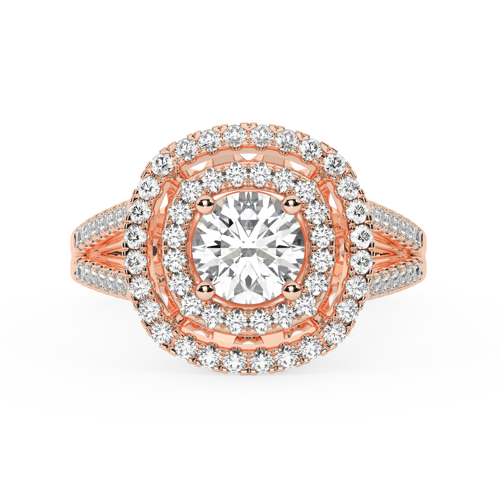 טבעת אירוסין היילו דגם 50025 כסף מצופה זהב אדום רוזגולד במרכז זירקוניה 1.50 קראט בחיתוך עגול מסביב ובצדדים זירקונים בחיתוך עגול – תמונה 2