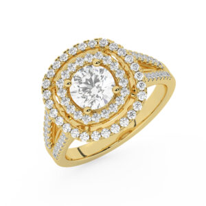 טבעת אירוסין היילו דגם 50025 כסף מצופה זהב צהוב במרכז זירקוניה 1.50 קראט בחיתוך עגול מסביב ובצדדים זירקונים בחיתוך עגול