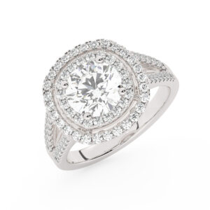 טבעת אירוסין היילו דגם 50025 כסף מצופה זהב לבן במרכז זירקוניה 2 קראט בחיתוך עגול מסביב ובצדדים זירקונים בחיתוך עגול