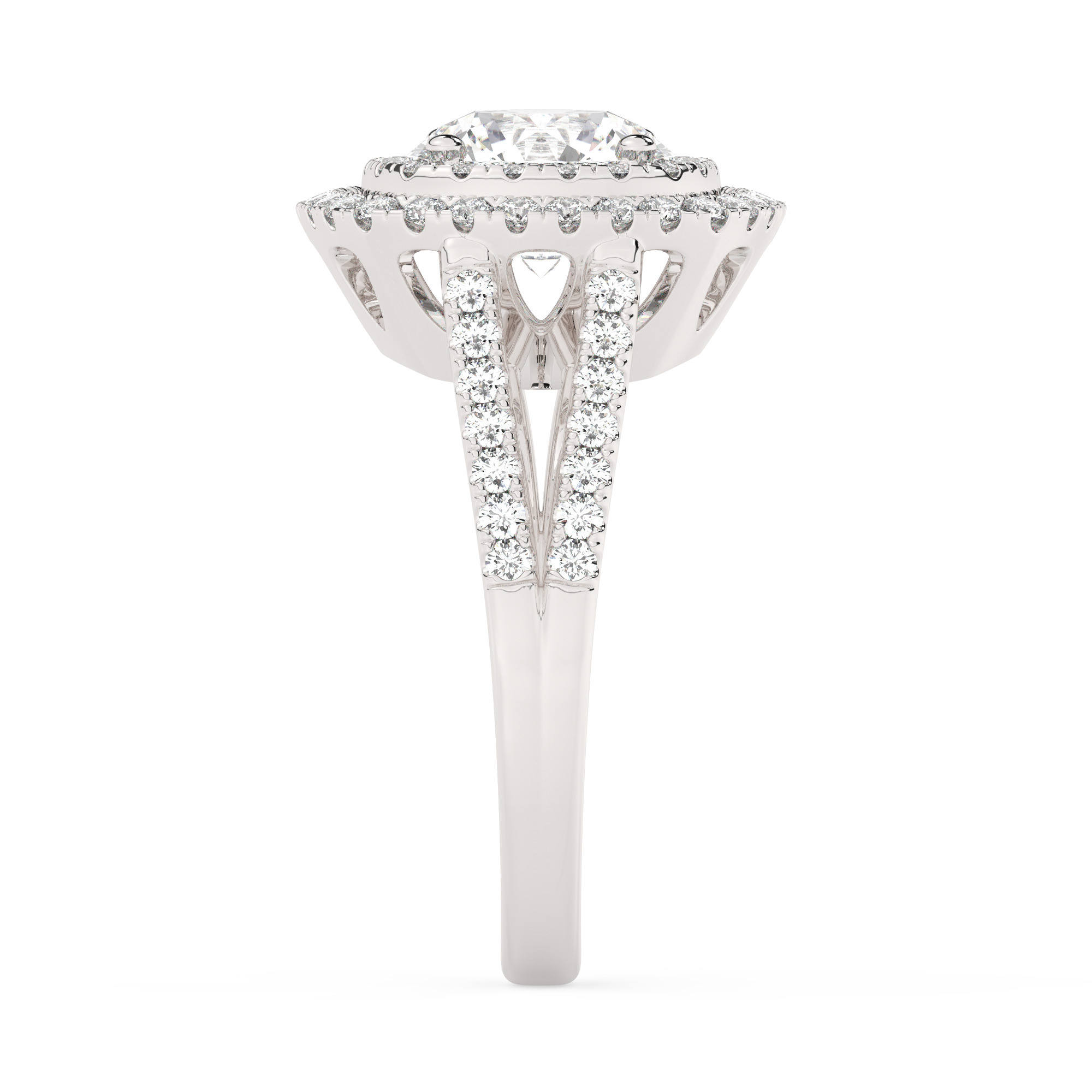 טבעת אירוסין היילו דגם 50025 זהב לבן 14 קראט במרכז זירקוניה 2.50 קראט בחיתוך עגול מסביב ובצדדים זירקונים בחיתוך עגול – תמונה 4