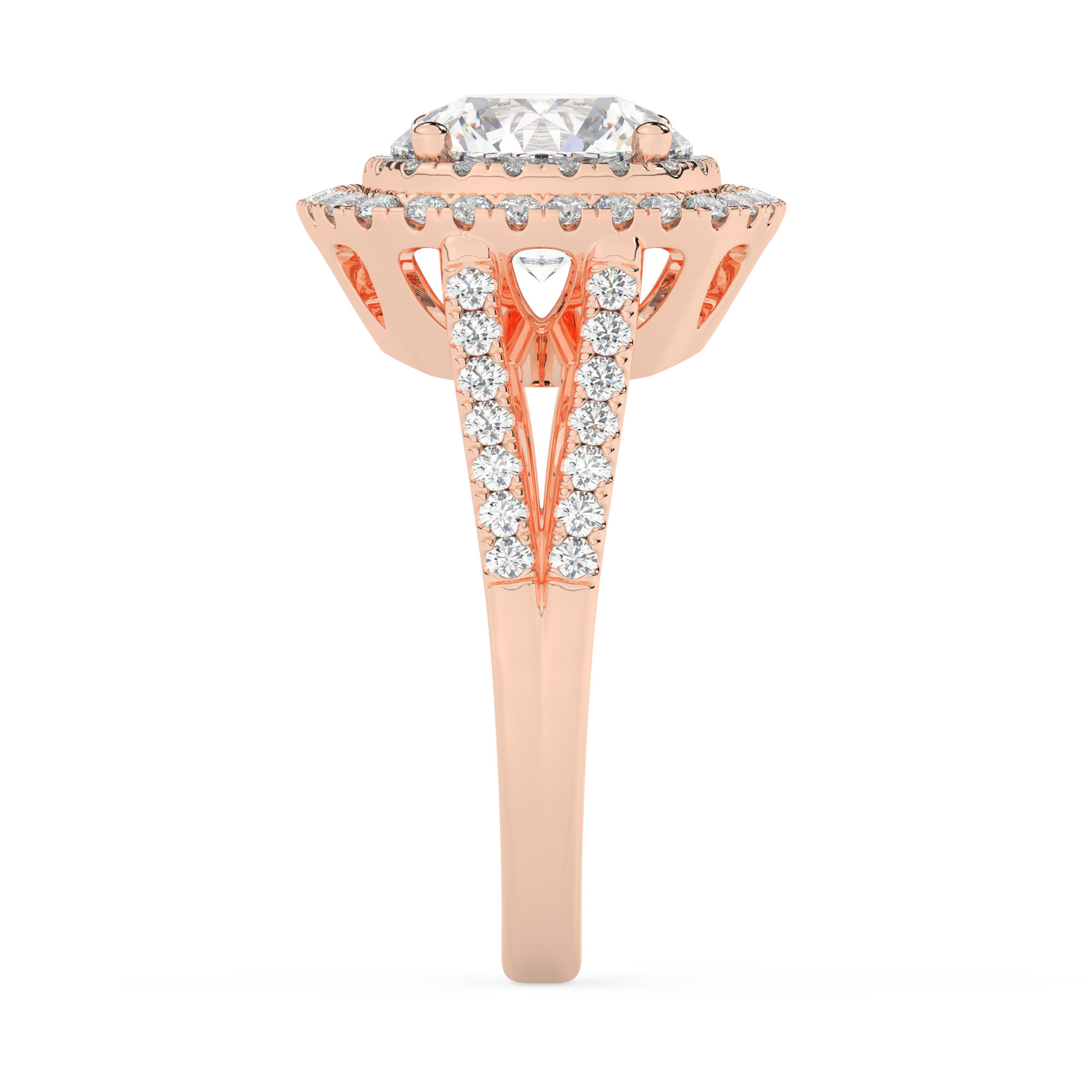 טבעת אירוסין היילו דגם 50025 זהב אדום רוזגולד 14 קראט במרכז זירקוניה 3 קראט בחיתוך עגול מסביב ובצדדים זירקונים בחיתוך עגול – תמונה 4