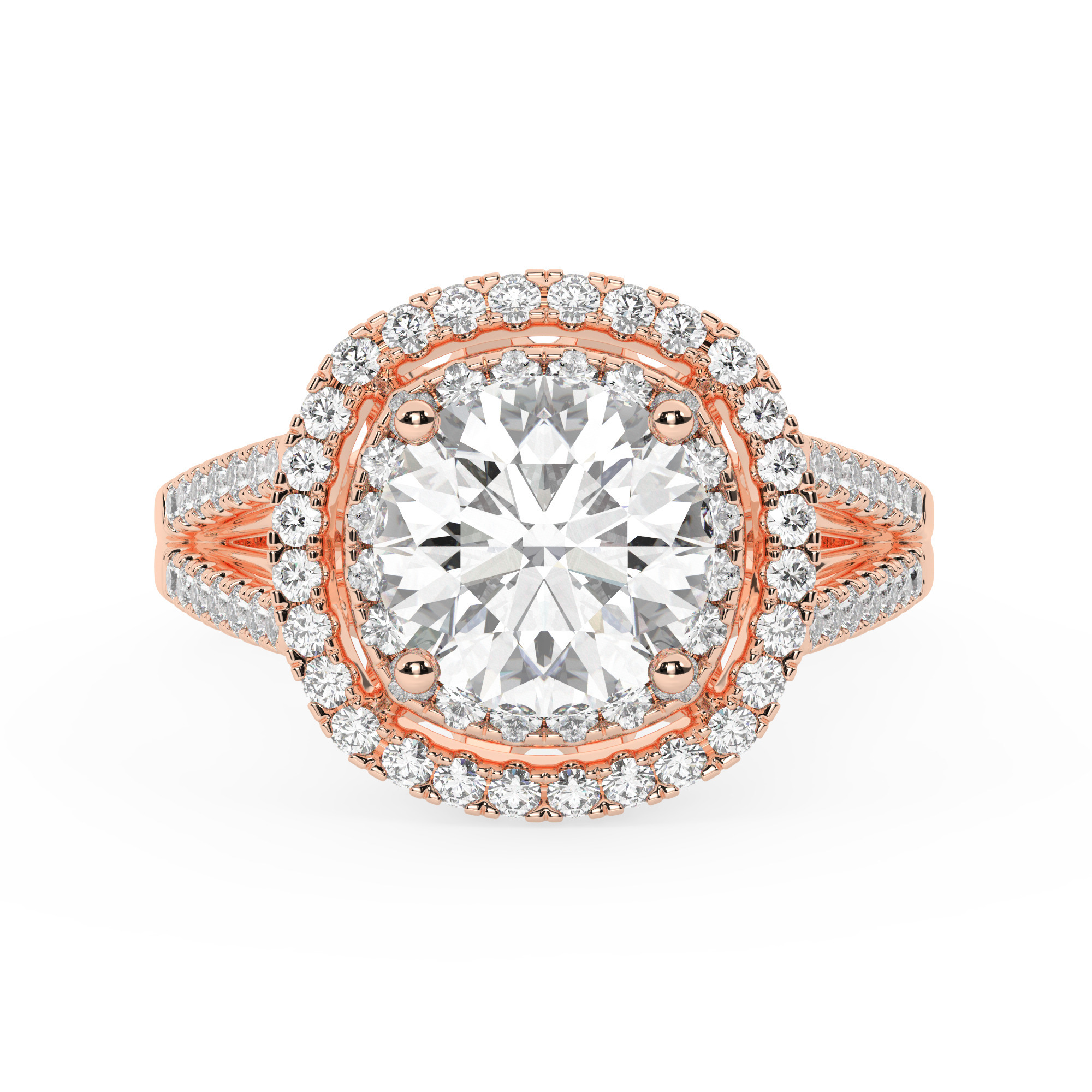 טבעת אירוסין היילו דגם 50025 זהב אדום רוזגולד 14 קראט במרכז זירקוניה 3 קראט בחיתוך עגול מסביב ובצדדים זירקונים בחיתוך עגול – תמונה 2