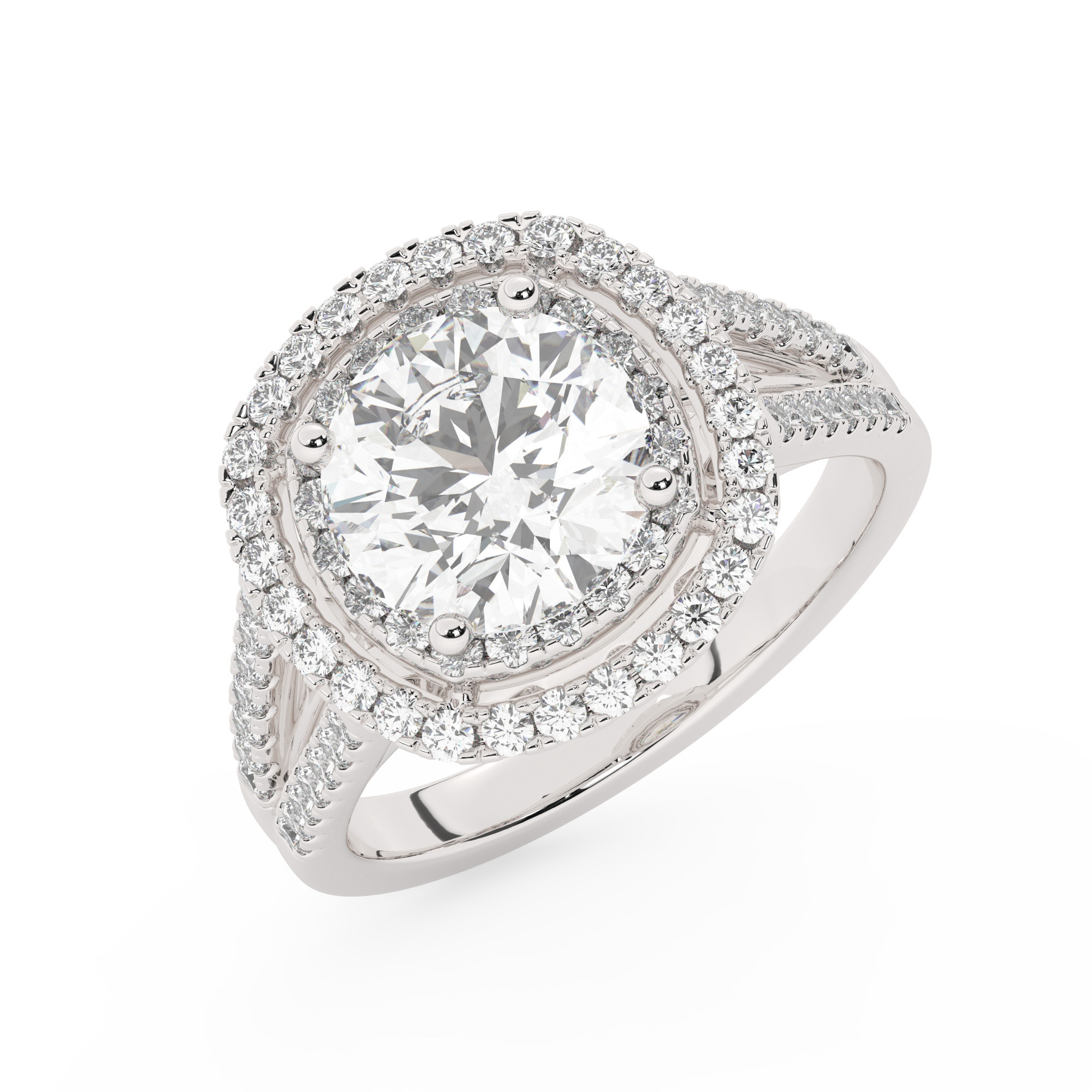 טבעת אירוסין היילו דגם 50025 כסף מצופה זהב לבן במרכז זירקוניה 3 קראט בחיתוך עגול מסביב ובצדדים זירקונים בחיתוך עגול