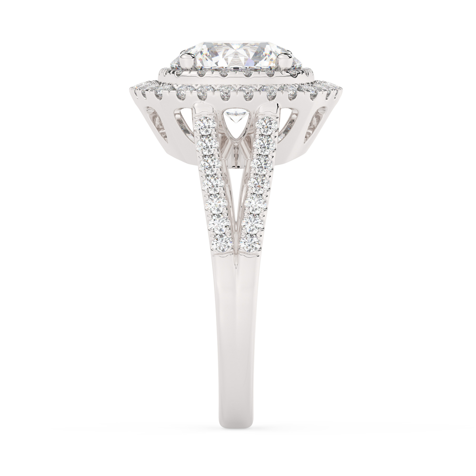 טבעת אירוסין היילו דגם 50025 כסף מצופה זהב לבן במרכז זירקוניה 3 קראט בחיתוך עגול מסביב ובצדדים זירקונים בחיתוך עגול – תמונה 4