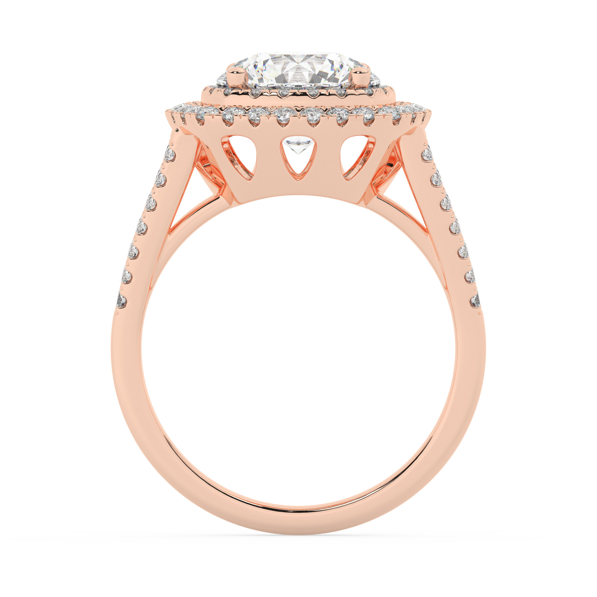 טבעת אירוסין היילו דגם 50025 זהב אדום רוזגולד 14 קראט במרכז אבן מעבדה מוסונייט 4 קראט בחיתוך עגול עם תעודה גמולוגית בינלאומית GRA מסביב ובצדדים אבני מעבדה מוסונייט במשקל כולל של 0.62 קראט בחיתוך עגול – תמונה 3