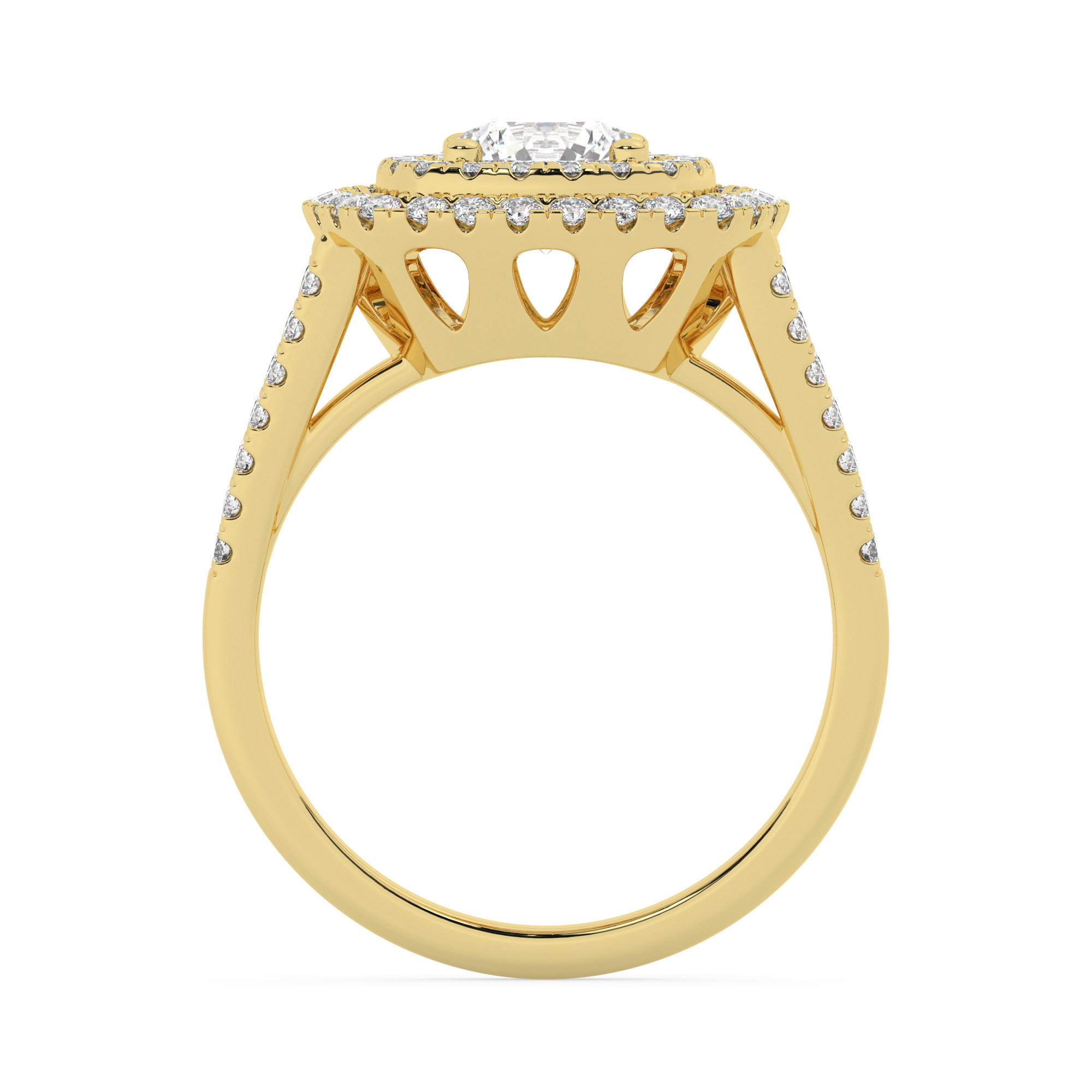 טבעת אירוסין היילו דגם 50025 כסף מצופה זהב צהוב במרכז זירקוניה 0.50 קראט בחיתוך עגול מסביב ובצדדים זירקונים בחיתוך עגול – תמונה 3