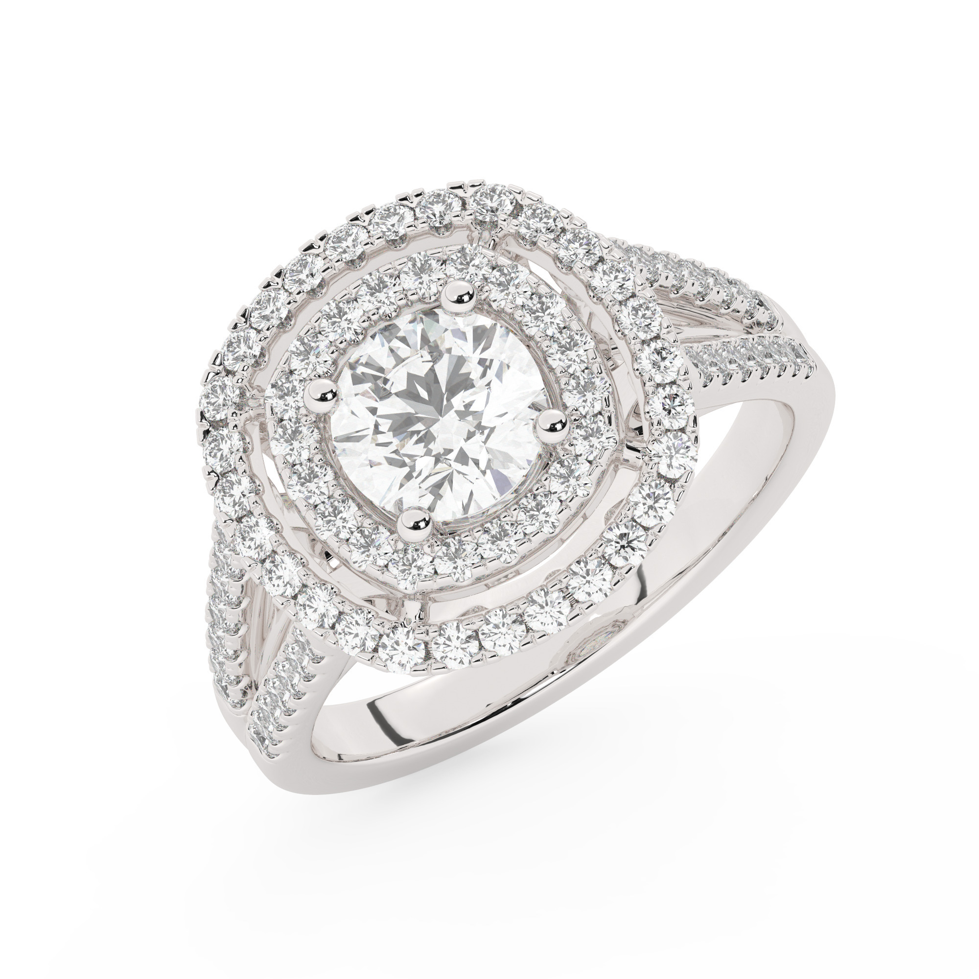 טבעת אירוסין היילו דגם 50025 כסף מצופה זהב לבן במרכז זירקוניה 0.50 קראט בחיתוך עגול מסביב ובצדדים זירקונים בחיתוך עגול