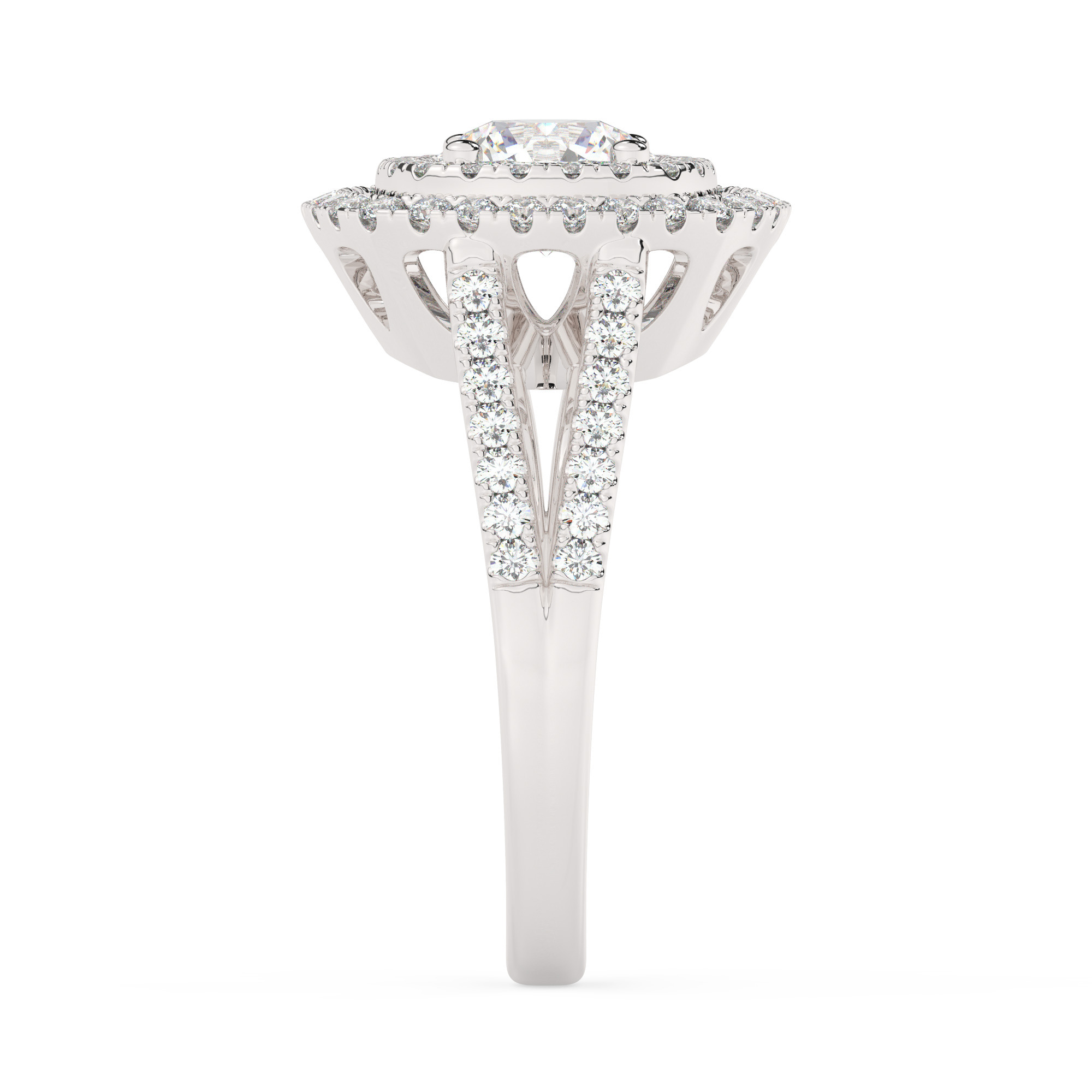 טבעת אירוסין היילו דגם 50025 כסף מצופה זהב לבן במרכז זירקוניה 0.50 קראט בחיתוך עגול מסביב ובצדדים זירקונים בחיתוך עגול – תמונה 4