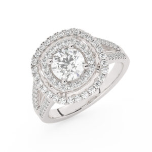 טבעת אירוסין היילו דגם 50025 כסף מצופה זהב לבן במרכז זירקוניה 0.75 קראט בחיתוך עגול מסביב ובצדדים זירקונים בחיתוך עגול