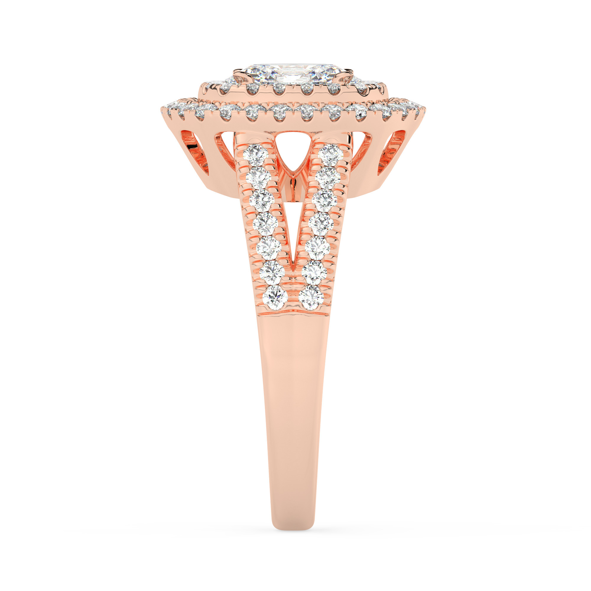 טבעת אירוסין היילו דגם 50025 כסף מצופה זהב אדום רוזגולד במרכז זירקוניה 1.50 קראט בחיתוך אובל מסביב ובצדדים זירקונים בחיתוך עגול – תמונה 4