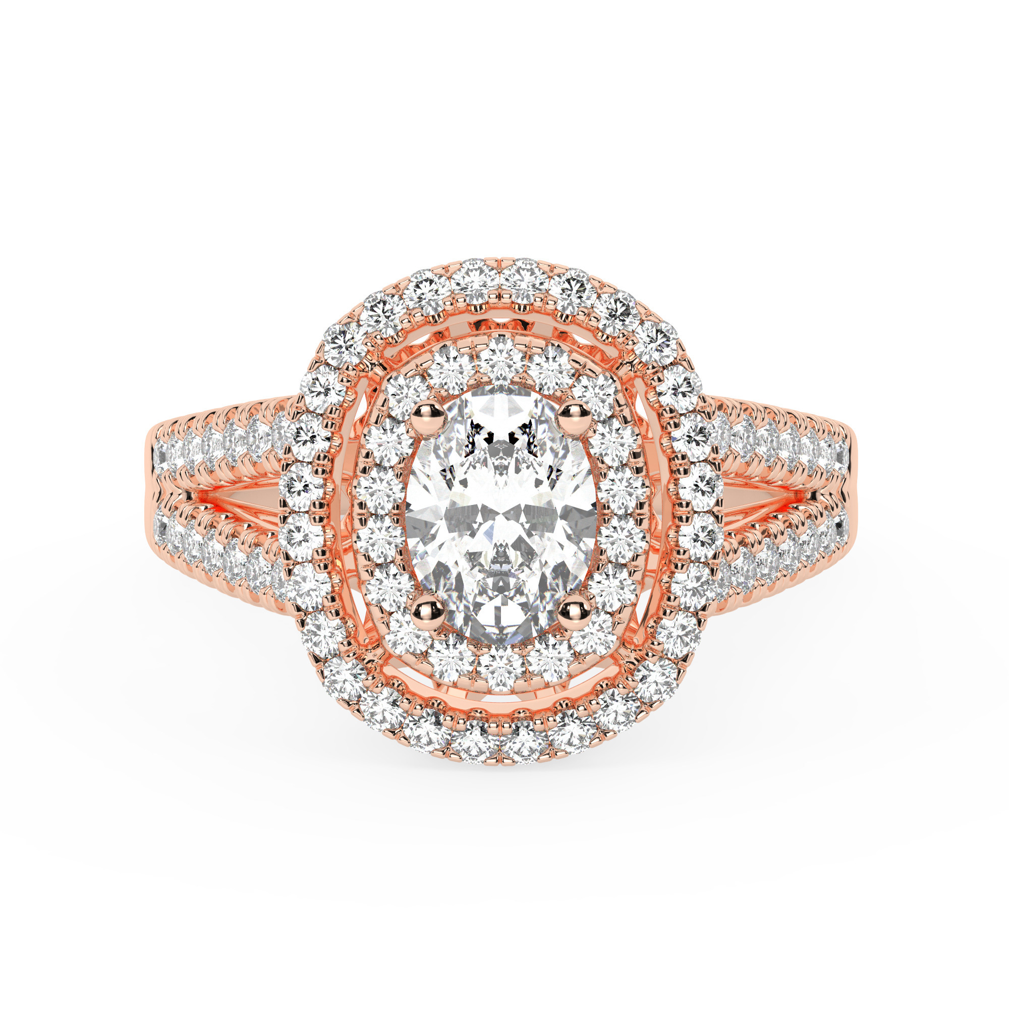 טבעת אירוסין היילו דגם 50025 כסף מצופה זהב אדום רוזגולד במרכז זירקוניה 1.50 קראט בחיתוך אובל מסביב ובצדדים זירקונים בחיתוך עגול – תמונה 2