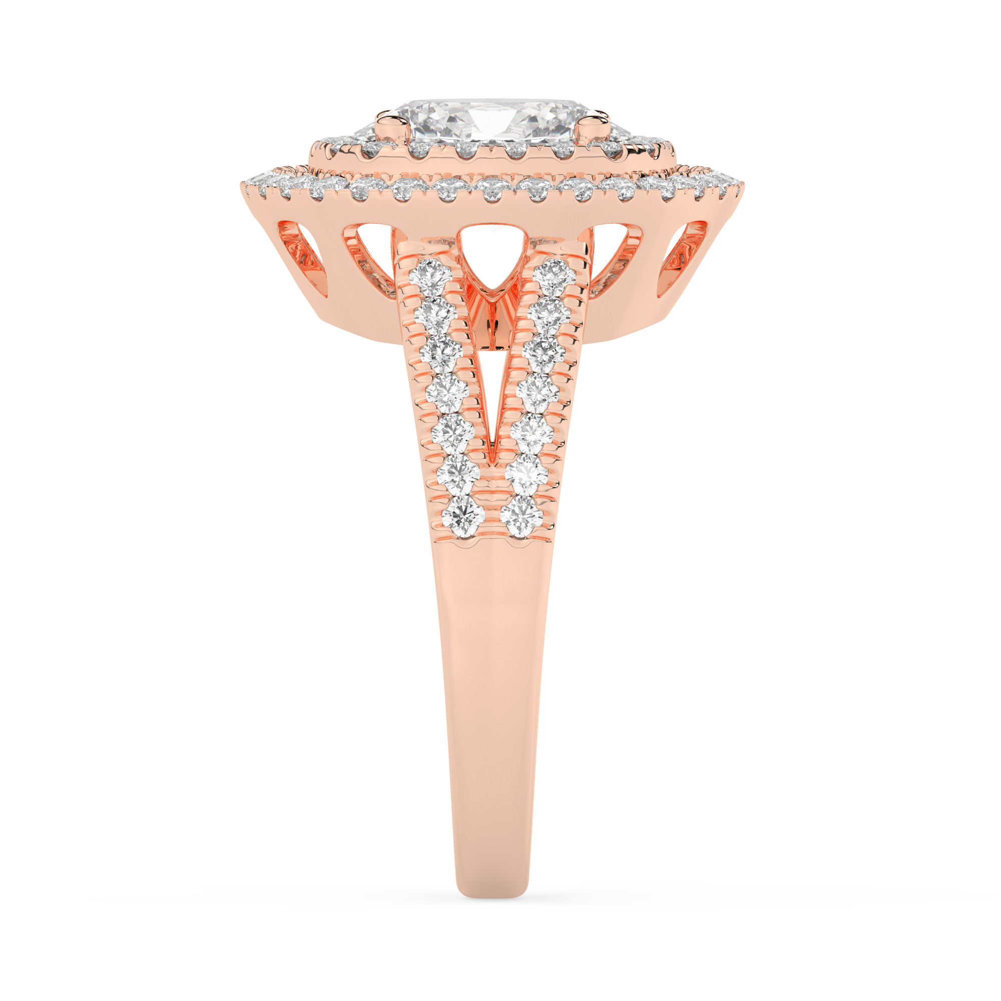 טבעת אירוסין היילו דגם 50025 כסף מצופה זהב אדום רוזגולד במרכז זירקוניה 2.50 קראט בחיתוך אובל מסביב ובצדדים זירקונים בחיתוך עגול – תמונה 4