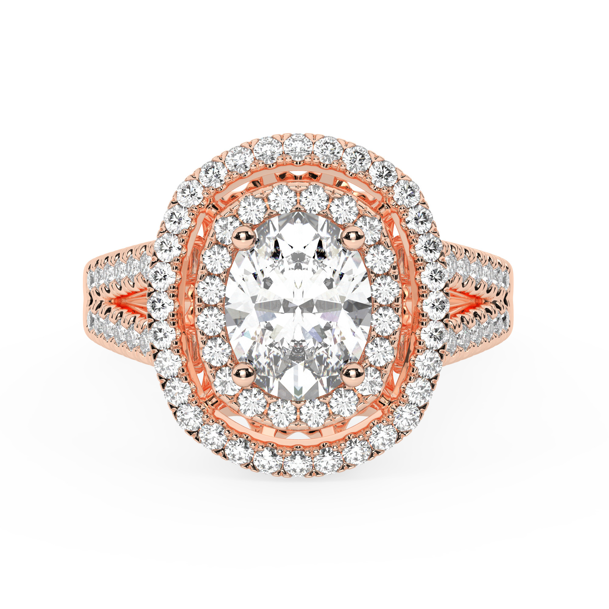 טבעת אירוסין היילו דגם 50025 כסף מצופה זהב אדום רוזגולד במרכז זירקוניה 2.50 קראט בחיתוך אובל מסביב ובצדדים זירקונים בחיתוך עגול – תמונה 2