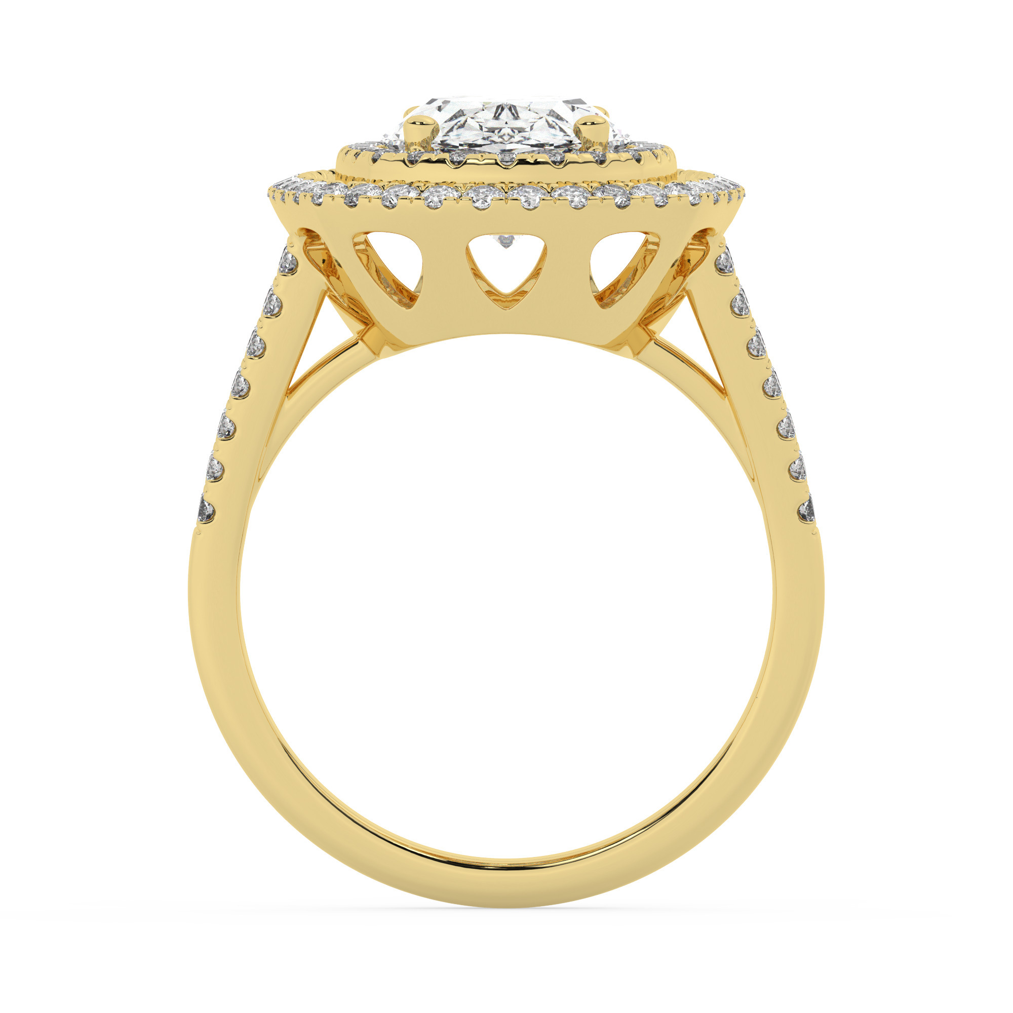 טבעת אירוסין היילו דגם 50025 זהב צהוב 14 קראט במרכז זירקוניה 3 קראט בחיתוך אובל מסביב ובצדדים זירקונים בחיתוך עגול – תמונה 3