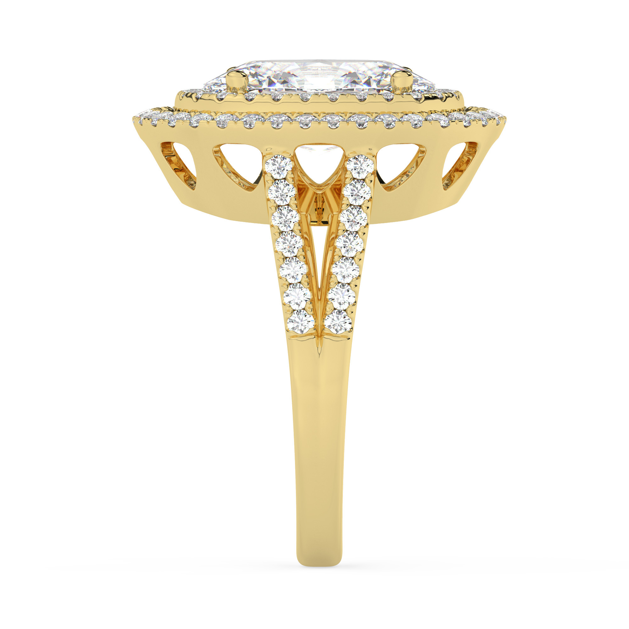 טבעת אירוסין היילו דגם 50025 זהב צהוב 14 קראט במרכז זירקוניה 3 קראט בחיתוך אובל מסביב ובצדדים זירקונים בחיתוך עגול – תמונה 4