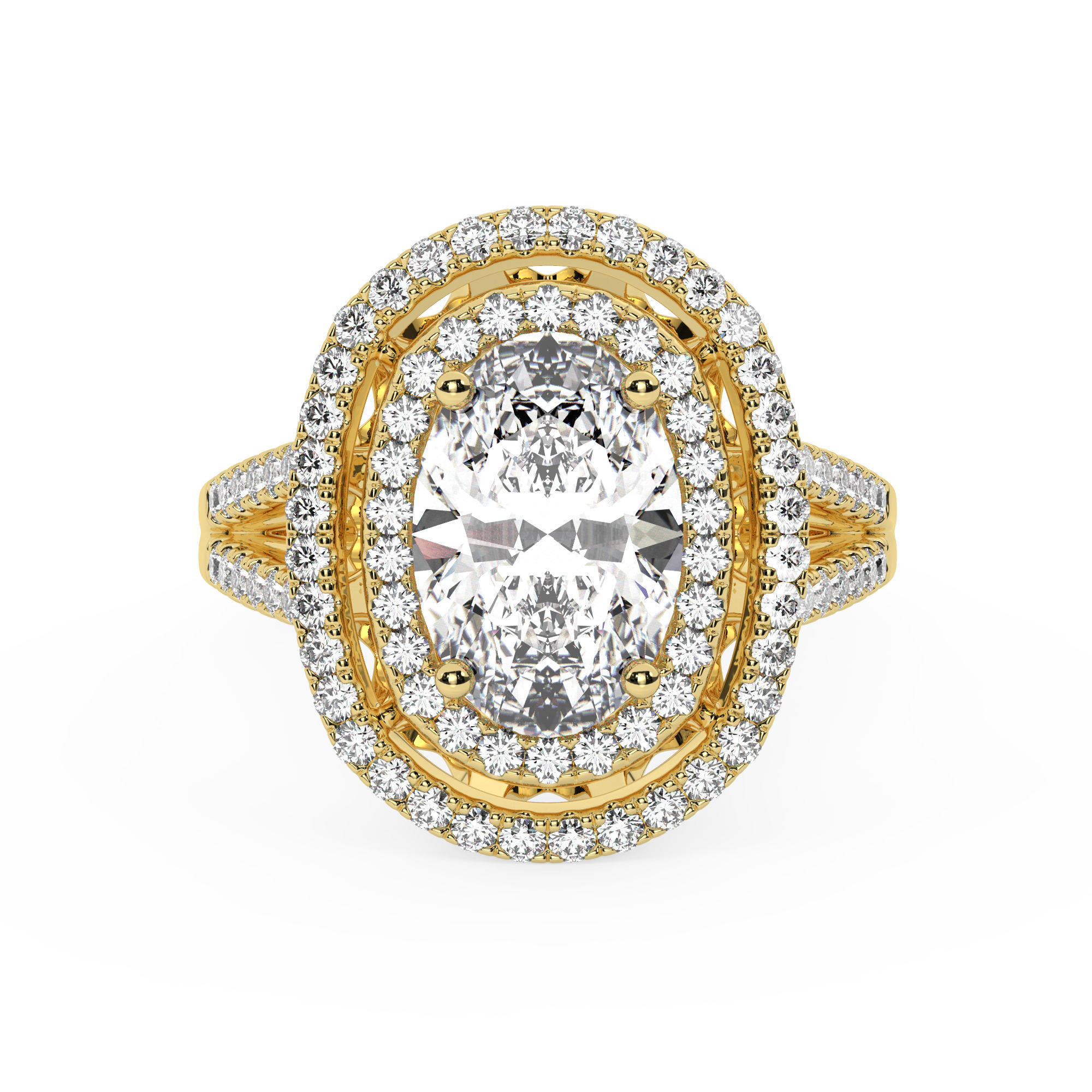 טבעת אירוסין היילו דגם 50025 זהב צהוב 14 קראט במרכז זירקוניה 3 קראט בחיתוך אובל מסביב ובצדדים זירקונים בחיתוך עגול – תמונה 2