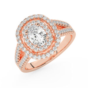 טבעת אירוסין היילו דגם 50025 כסף מצופה זהב אדום רוזגולד במרכז זירקוניה 0.75 קראט בחיתוך אובל מסביב ובצדדים זירקונים בחיתוך עגול