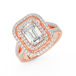 טבעת אירוסין היילו דגם 50025 כסף מצופה זהב אדום רוזגולד במרכז זירקוניה 1.50 קראט בחיתוך אמרלד מסביב ובצדדים זירקונים בחיתוך עגול