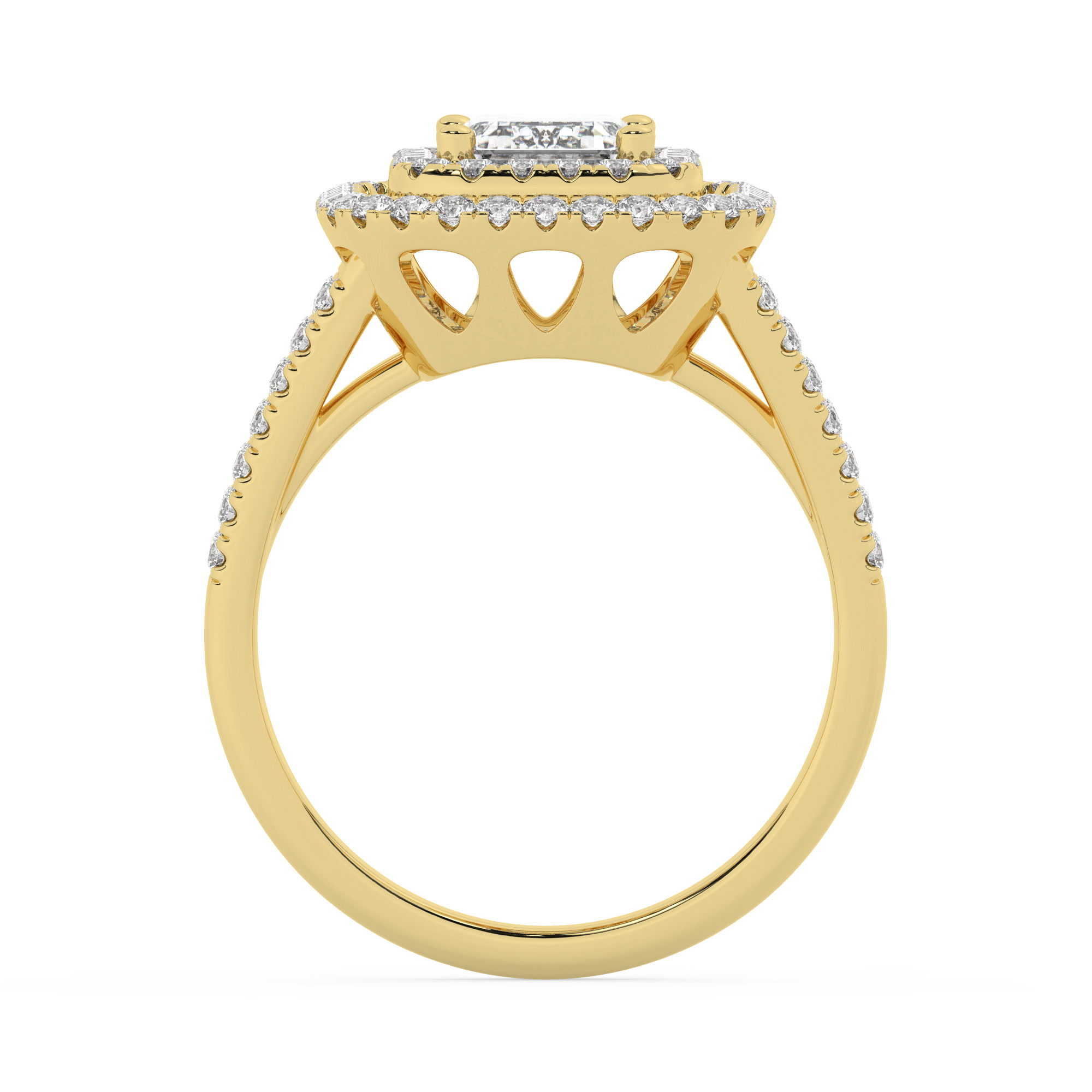 טבעת אירוסין היילו דגם 50025 זהב צהוב 14 קראט במרכז זירקוניה 2.50 קראט בחיתוך אמרלד מסביב ובצדדים זירקונים בחיתוך עגול – תמונה 3