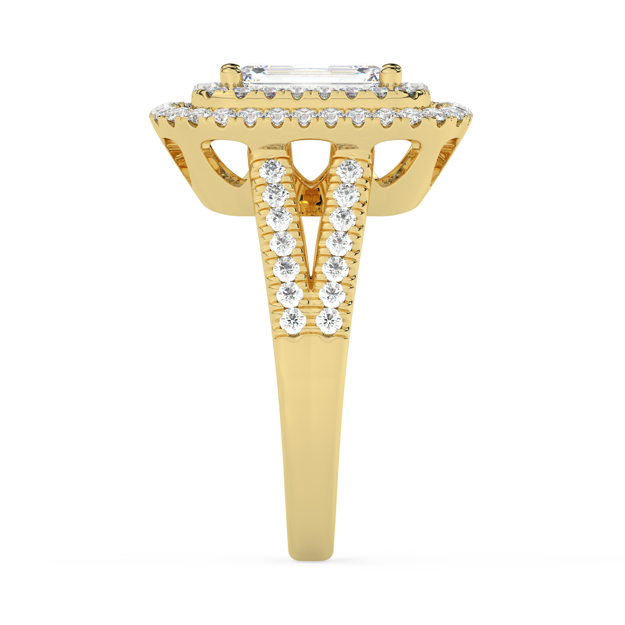 טבעת אירוסין היילו דגם 50025 זהב צהוב 14 קראט במרכז זירקוניה 3 קראט בחיתוך אמרלד מסביב ובצדדים זירקונים בחיתוך עגול – תמונה 4