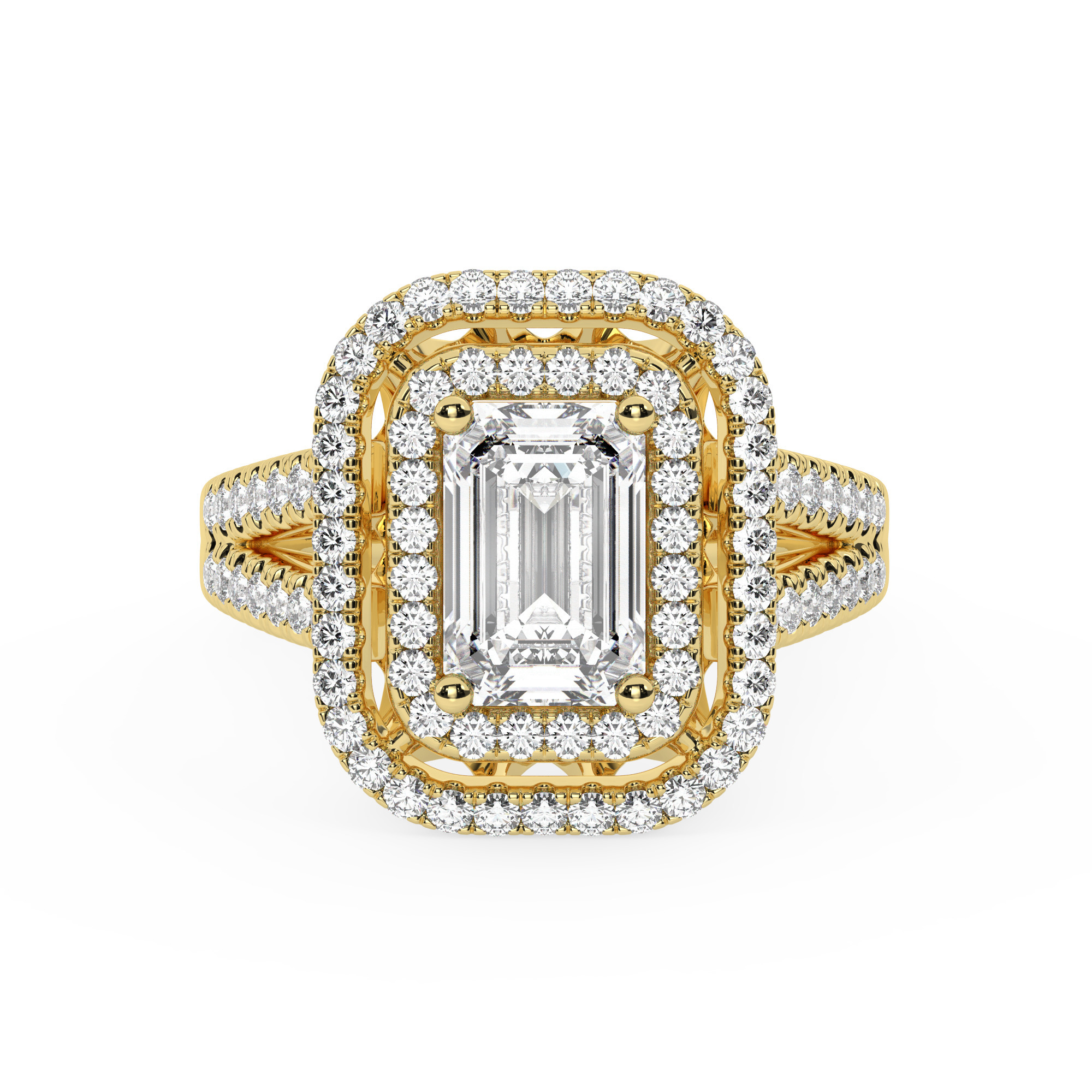 טבעת אירוסין היילו דגם 50025 כסף מצופה זהב צהוב במרכז זירקוניה 4 קראט בחיתוך אמרלד מסביב ובצדדים זירקונים בחיתוך עגול – תמונה 2