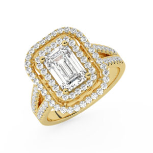 טבעת אירוסין היילו דגם 50025 כסף מצופה זהב צהוב במרכז זירקוניה 5 קראט בחיתוך אמרלד מסביב ובצדדים זירקונים בחיתוך עגול