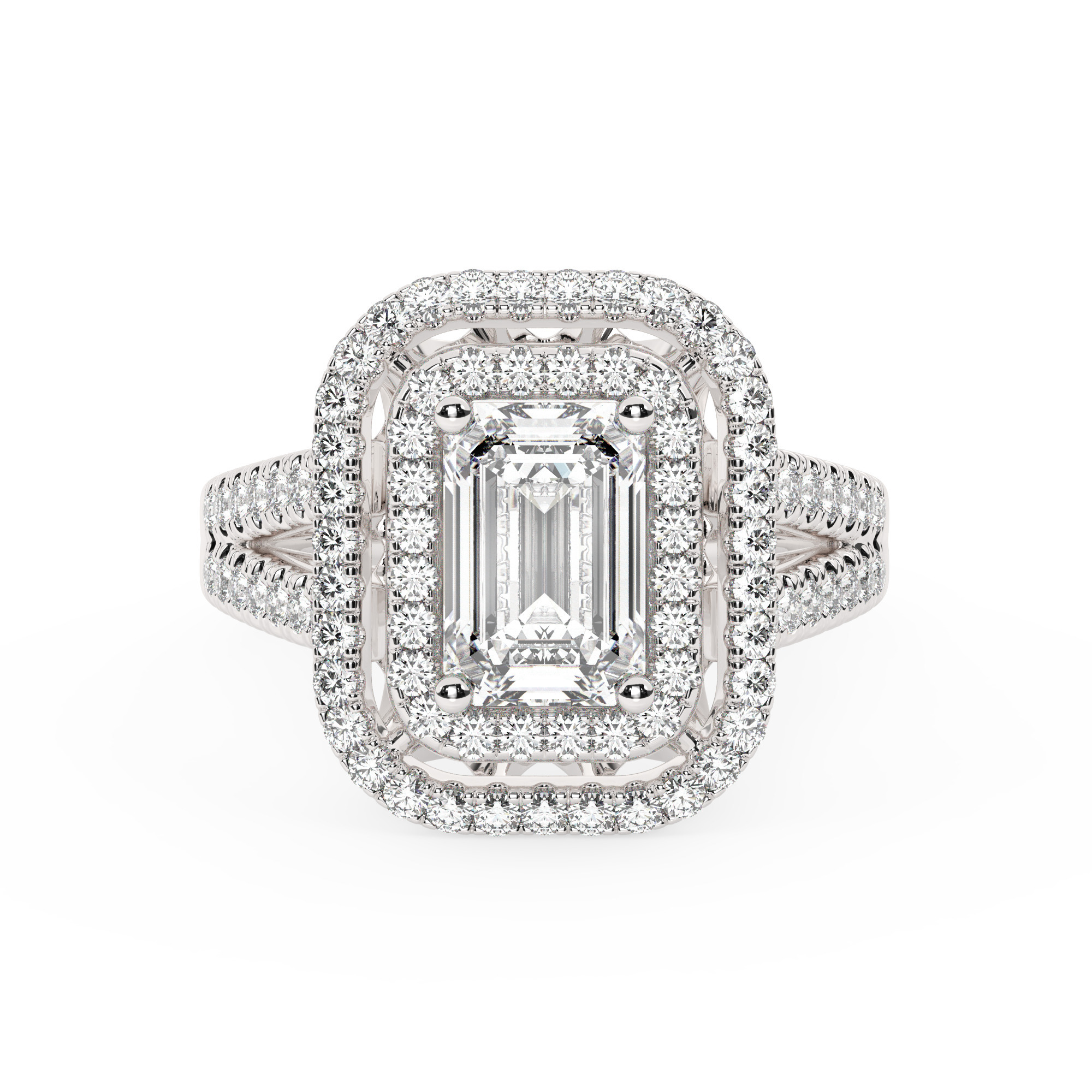 טבעת אירוסין היילו דגם 50025 כסף מצופה זהב לבן במרכז זירקוניה 0.75 קראט בחיתוך אמרלד מסביב ובצדדים זירקונים בחיתוך עגול – תמונה 2