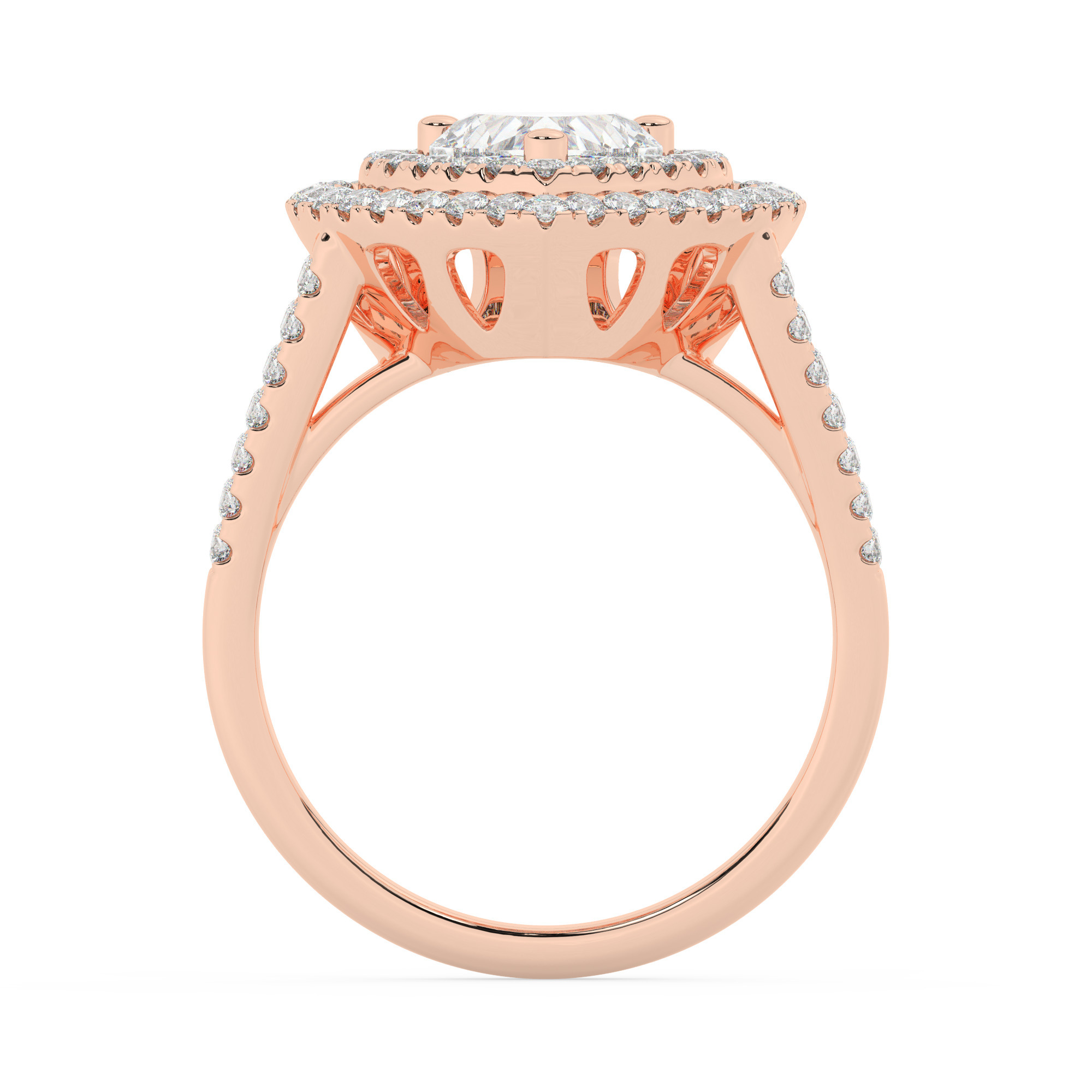 טבעת אירוסין היילו דגם 50025 כסף מצופה זהב אדום רוזגולד במרכז זירקוניה 1 קראט בחיתוך לב מסביב ובצדדים זירקונים בחיתוך עגול – תמונה 3