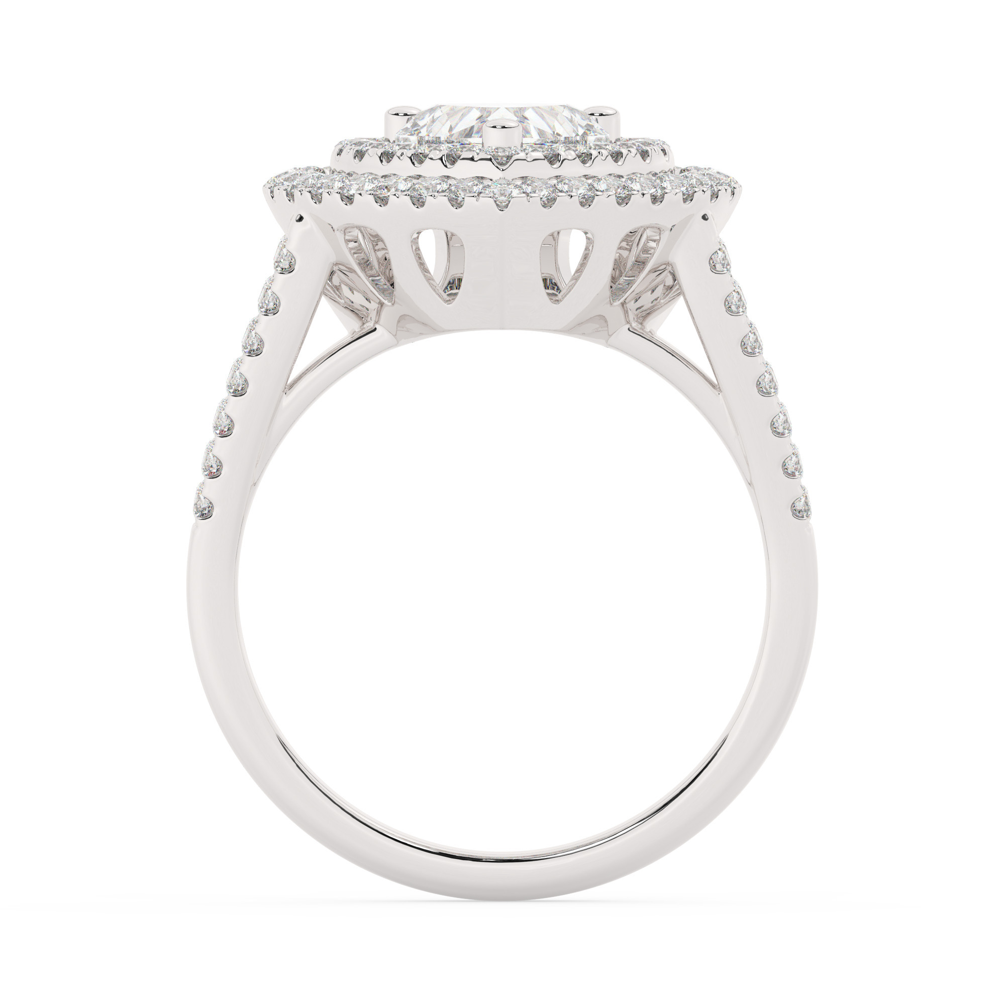 טבעת אירוסין היילו דגם 50025 כסף מצופה זהב לבן במרכז זירקוניה 1.50 קראט בחיתוך לב מסביב ובצדדים זירקונים בחיתוך עגול – תמונה 3