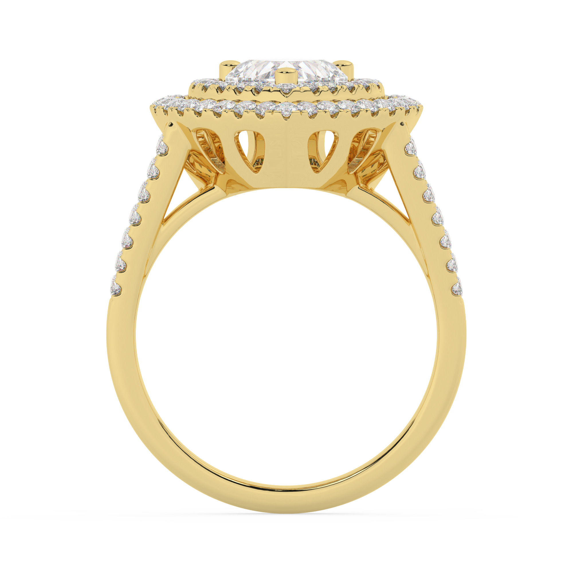 טבעת אירוסין היילו דגם 50025 כסף מצופה זהב צהוב במרכז זירקוניה 3 קראט בחיתוך לב מסביב ובצדדים זירקונים בחיתוך עגול – תמונה 3