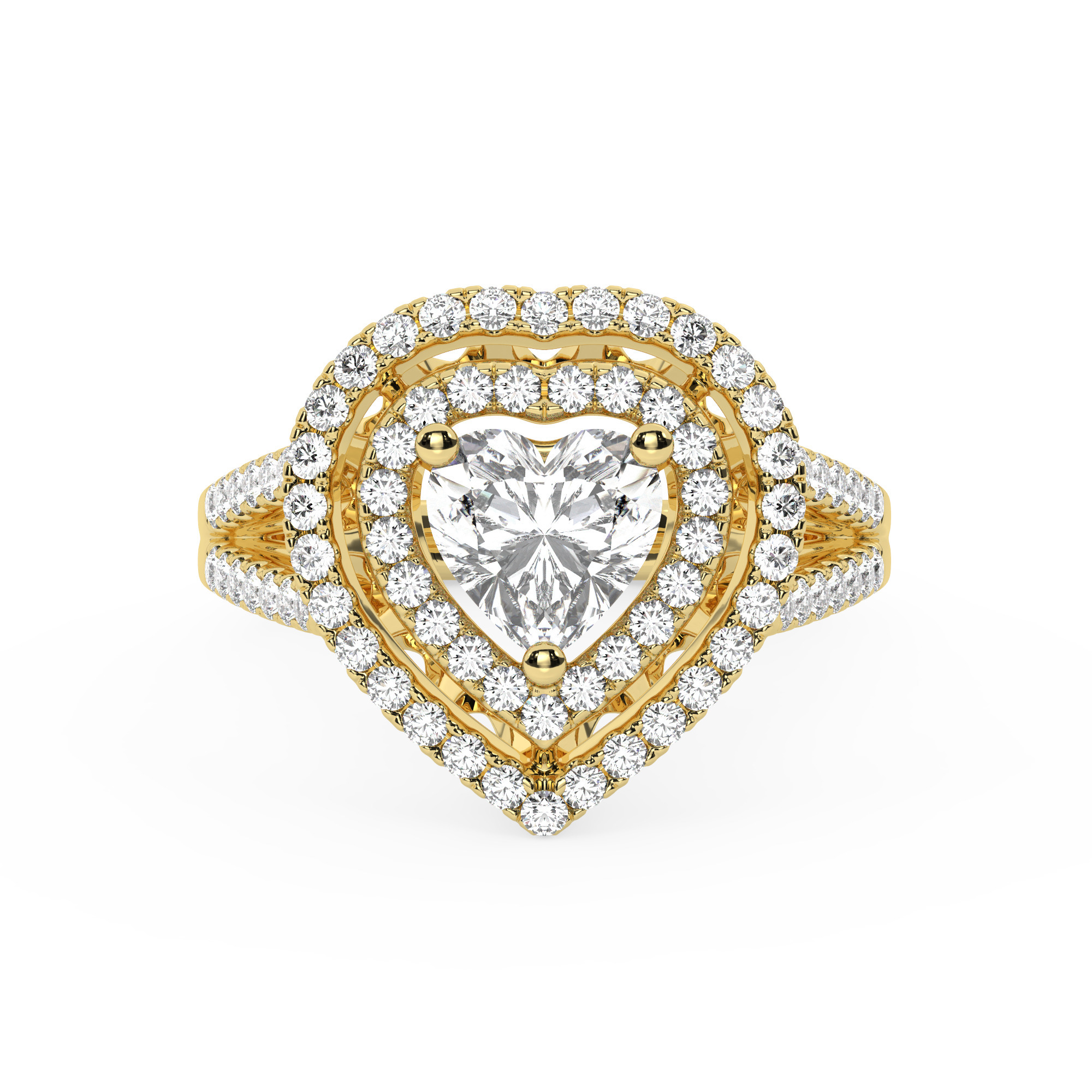 טבעת אירוסין היילו דגם 50025 כסף מצופה זהב צהוב במרכז זירקוניה 4 קראט בחיתוך לב מסביב ובצדדים זירקונים בחיתוך עגול – תמונה 2